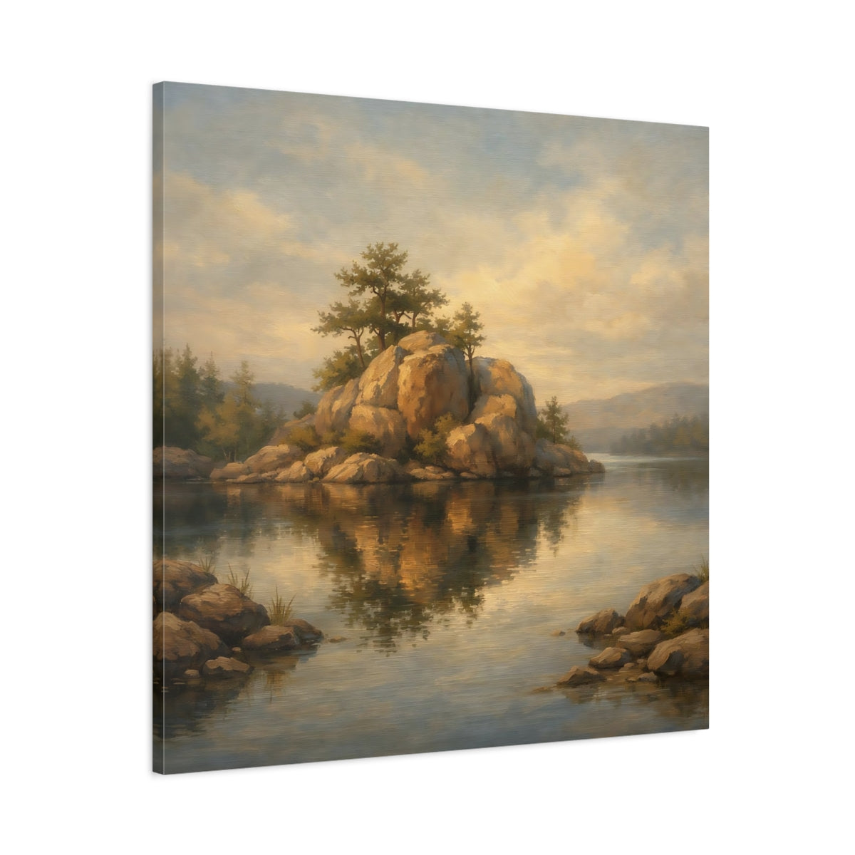 Side Mockup 2. Nature Rocky Island Brown And Gold Landscape shown as stretched canvas wall art