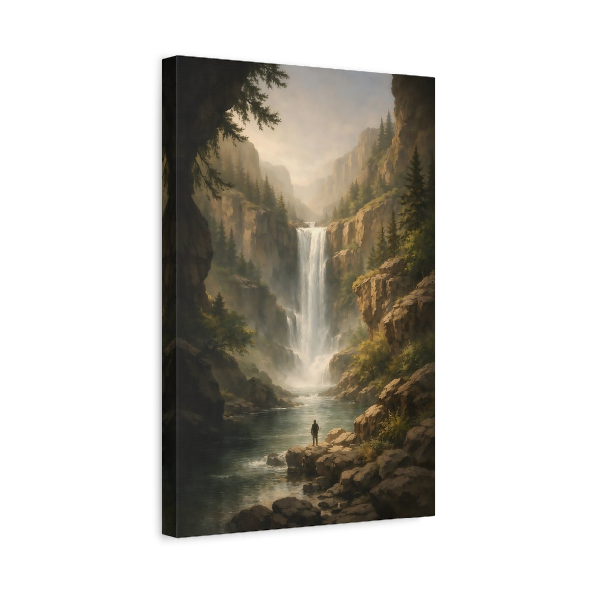 Nature Waterfall Green And Brown Landscape - Canvas Wall Art Print