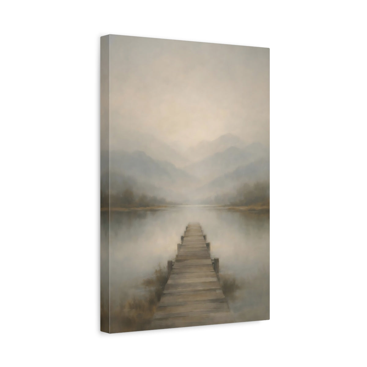 Side Mockup 4. Nature Lake Pier Misty Lake Pier shown as stretched canvas wall art