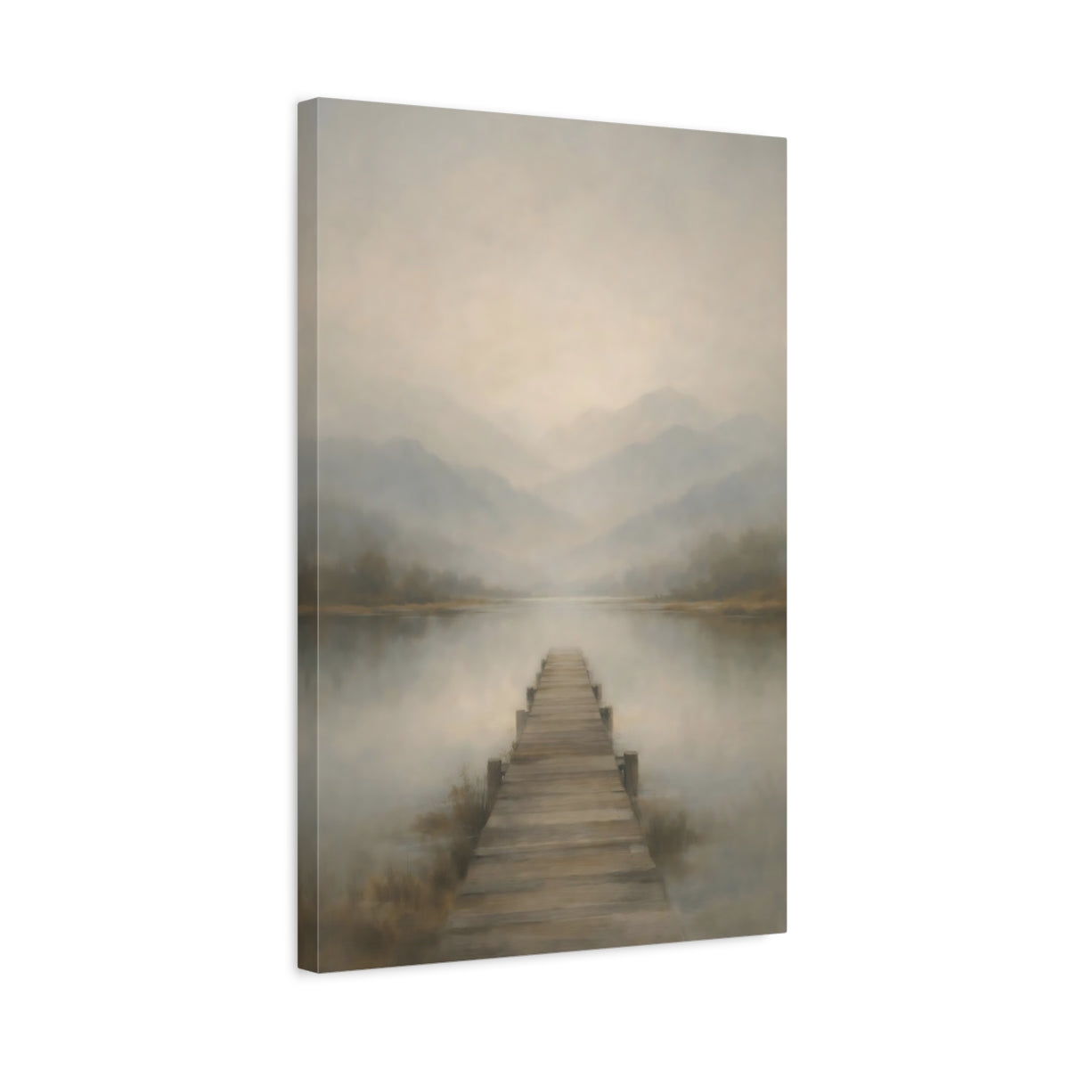 Side Mockup 3. Nature Lake Pier Misty Lake Pier shown as stretched canvas wall art