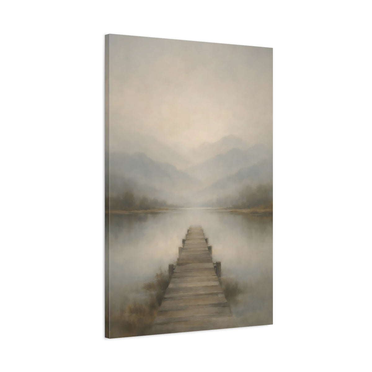 Side Mockup 1. Nature Lake Pier Misty Lake Pier shown as stretched canvas wall art
