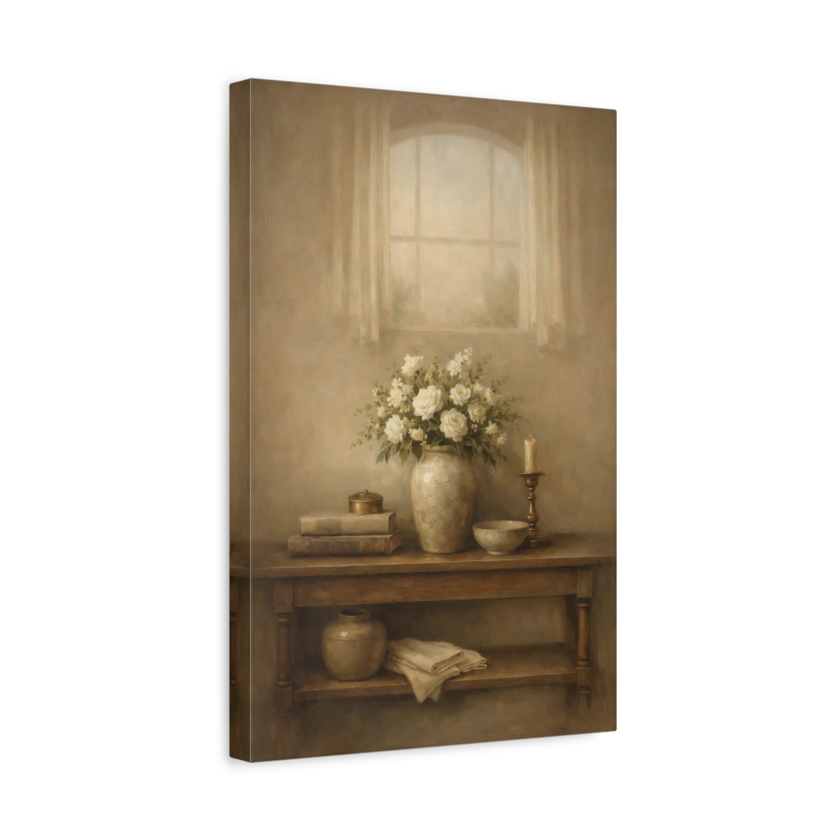 Side Mockup 4. Floral White Roses Beige Floral Still Life shown as stretched canvas wall art