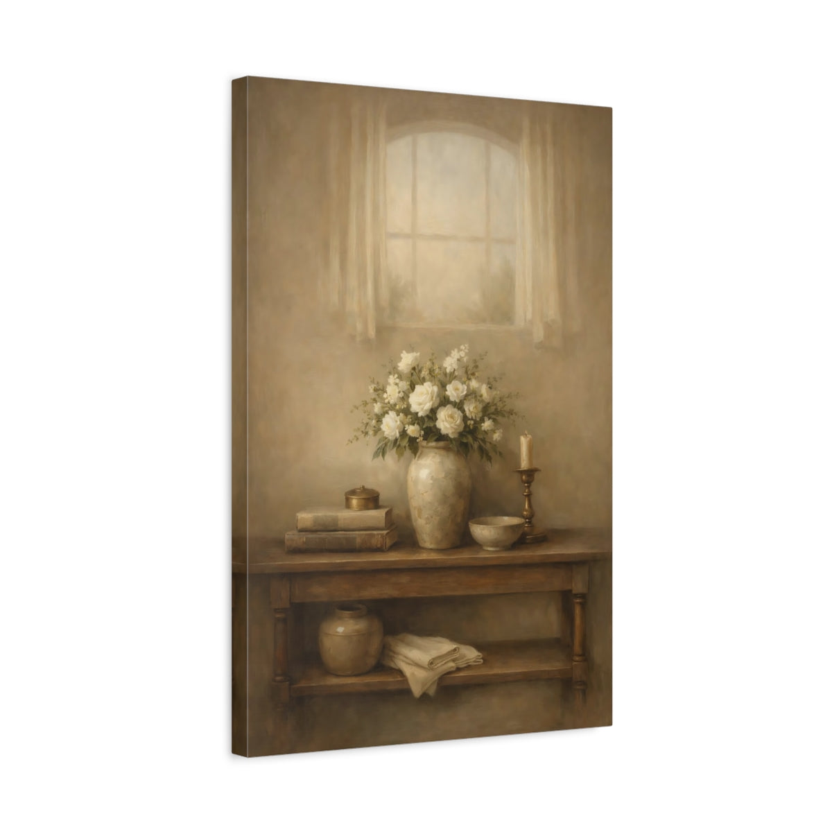 Side Mockup 3. Floral White Roses Beige Floral Still Life shown as stretched canvas wall art