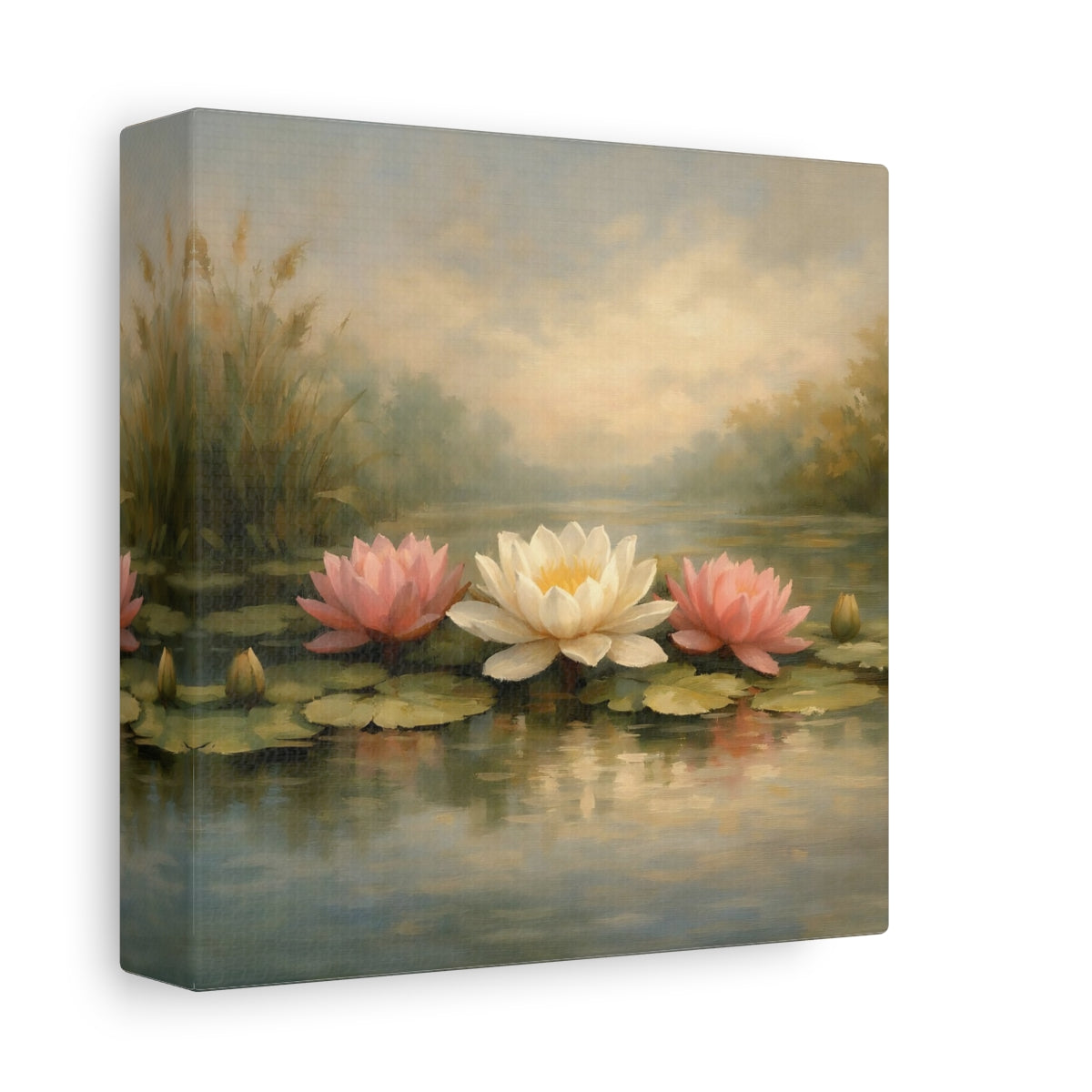 Side Mockup 1. Nature Water Lilies Pink And White Water Lilies shown as stretched canvas wall art