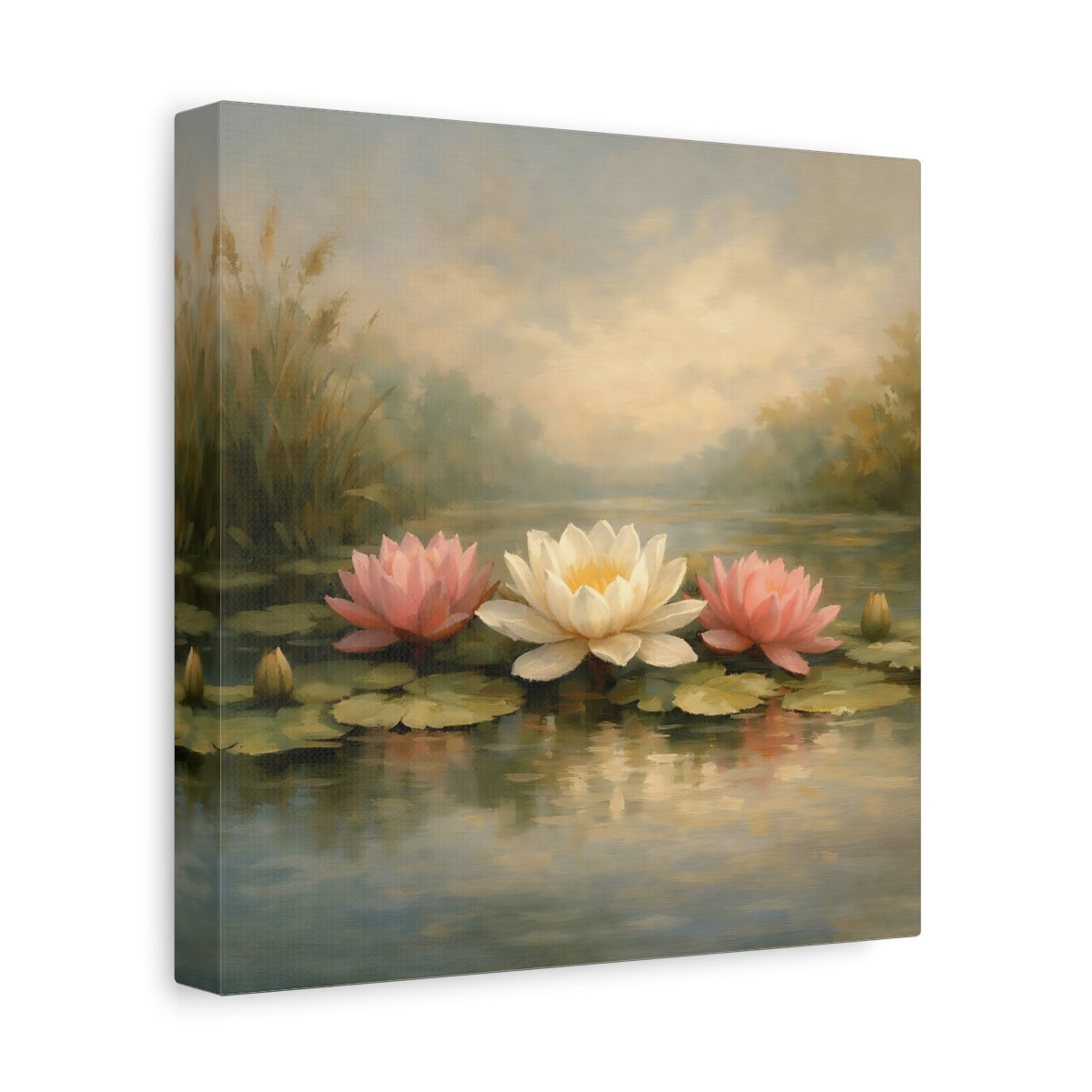 Side Mockup 9. Nature Water Lilies Pink And White Water Lilies shown as stretched canvas wall art