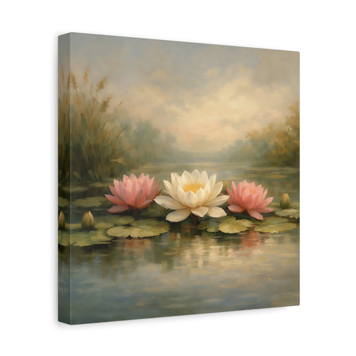 Side Mockup 8. Nature Water Lilies Pink And White Water Lilies shown as stretched canvas wall art