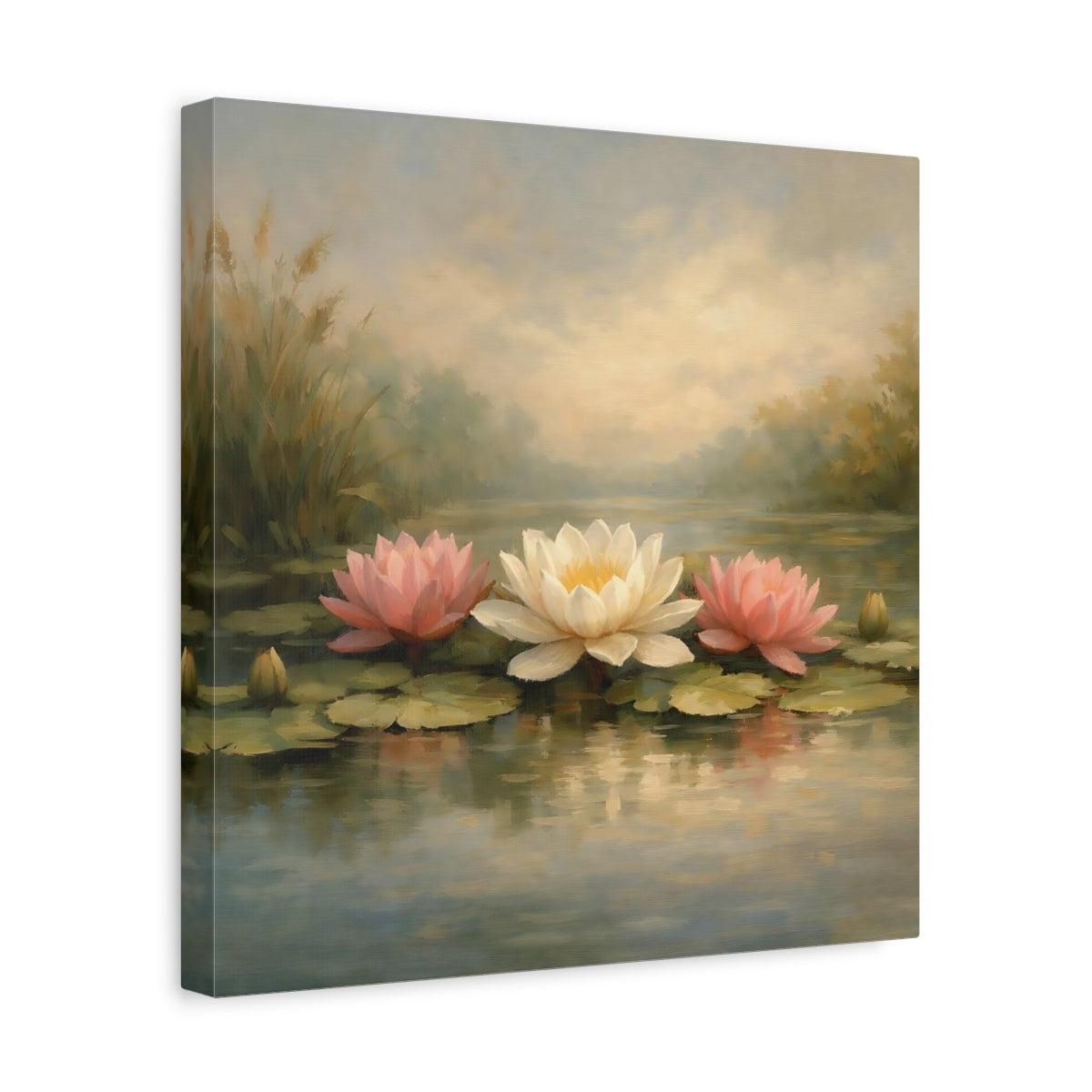 Side Mockup 7. Nature Water Lilies Pink And White Water Lilies shown as stretched canvas wall art