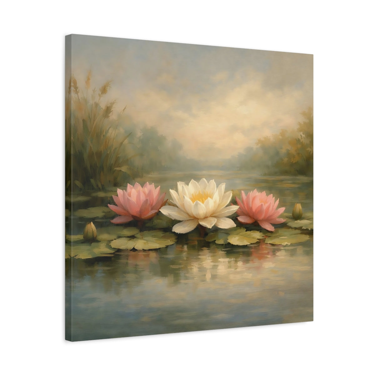 Side Mockup 4. Nature Water Lilies Pink And White Water Lilies shown as stretched canvas wall art