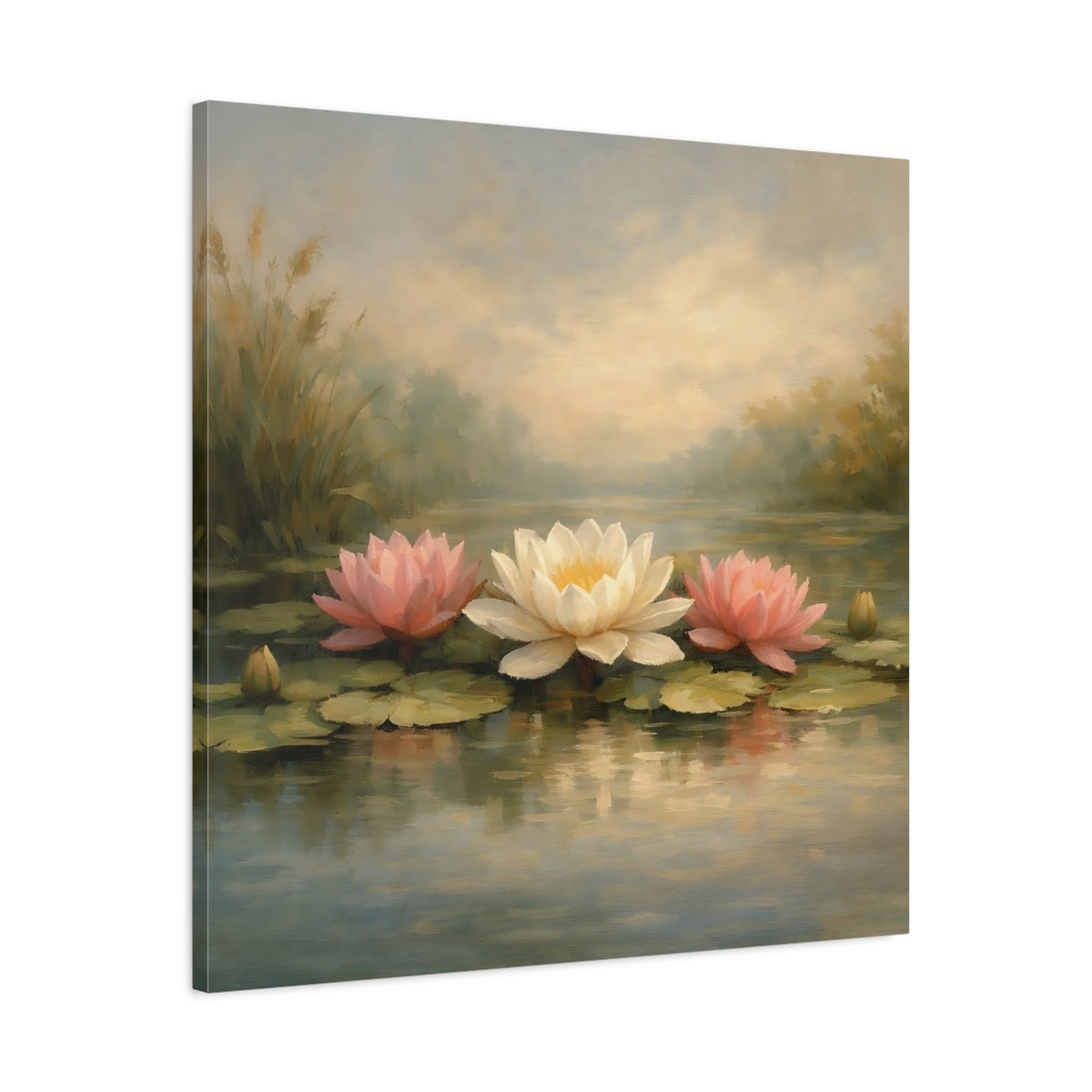 Side Mockup 3. Nature Water Lilies Pink And White Water Lilies shown as stretched canvas wall art