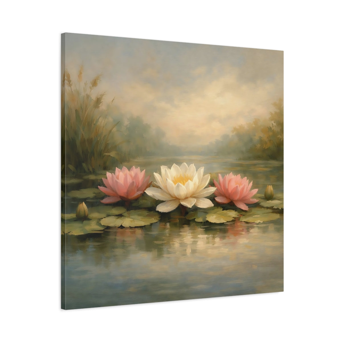 Side Mockup 2. Nature Water Lilies Pink And White Water Lilies shown as stretched canvas wall art