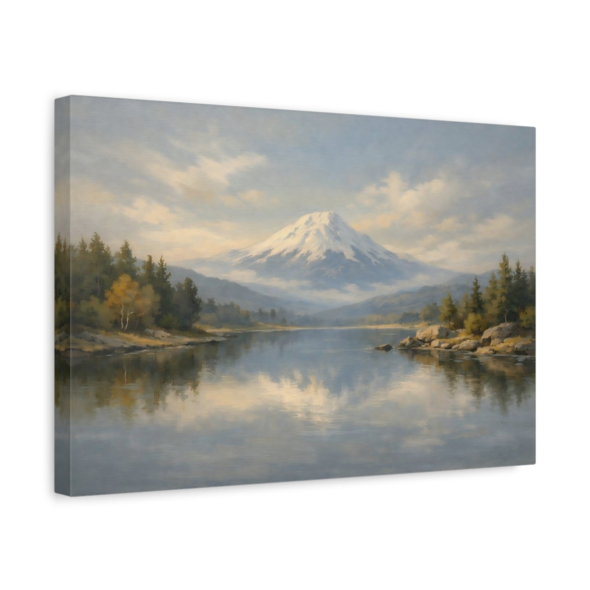 Side Mockup 4. Nature Snowy Mountain Snowy Mountain Lake shown as stretched canvas wall art