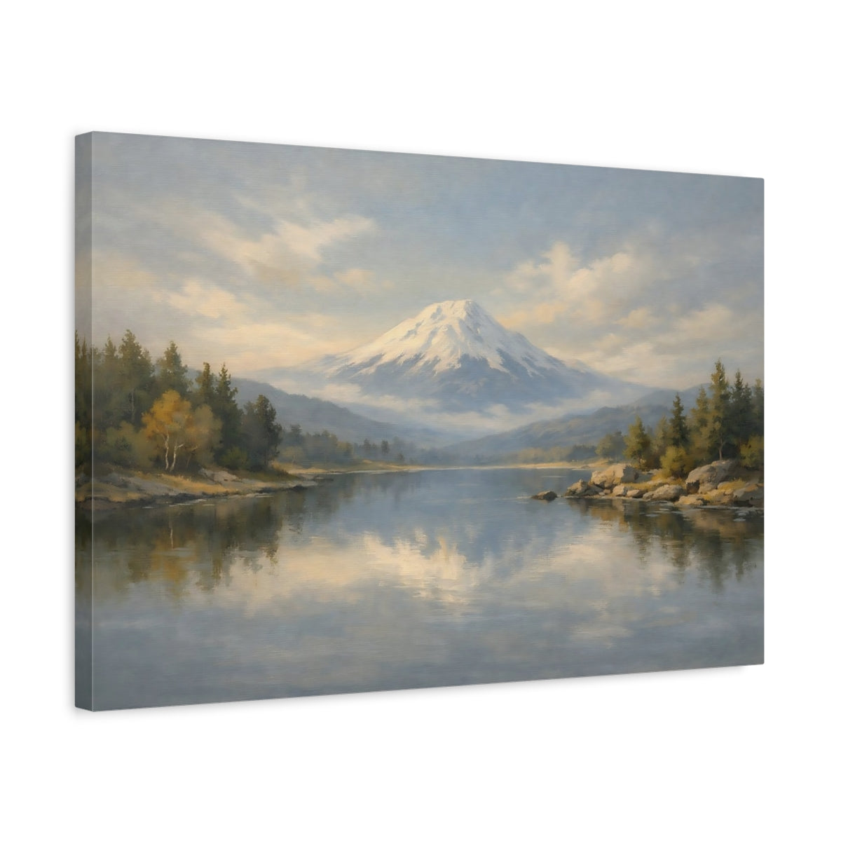 Side Mockup 3. Nature Snowy Mountain Snowy Mountain Lake shown as stretched canvas wall art