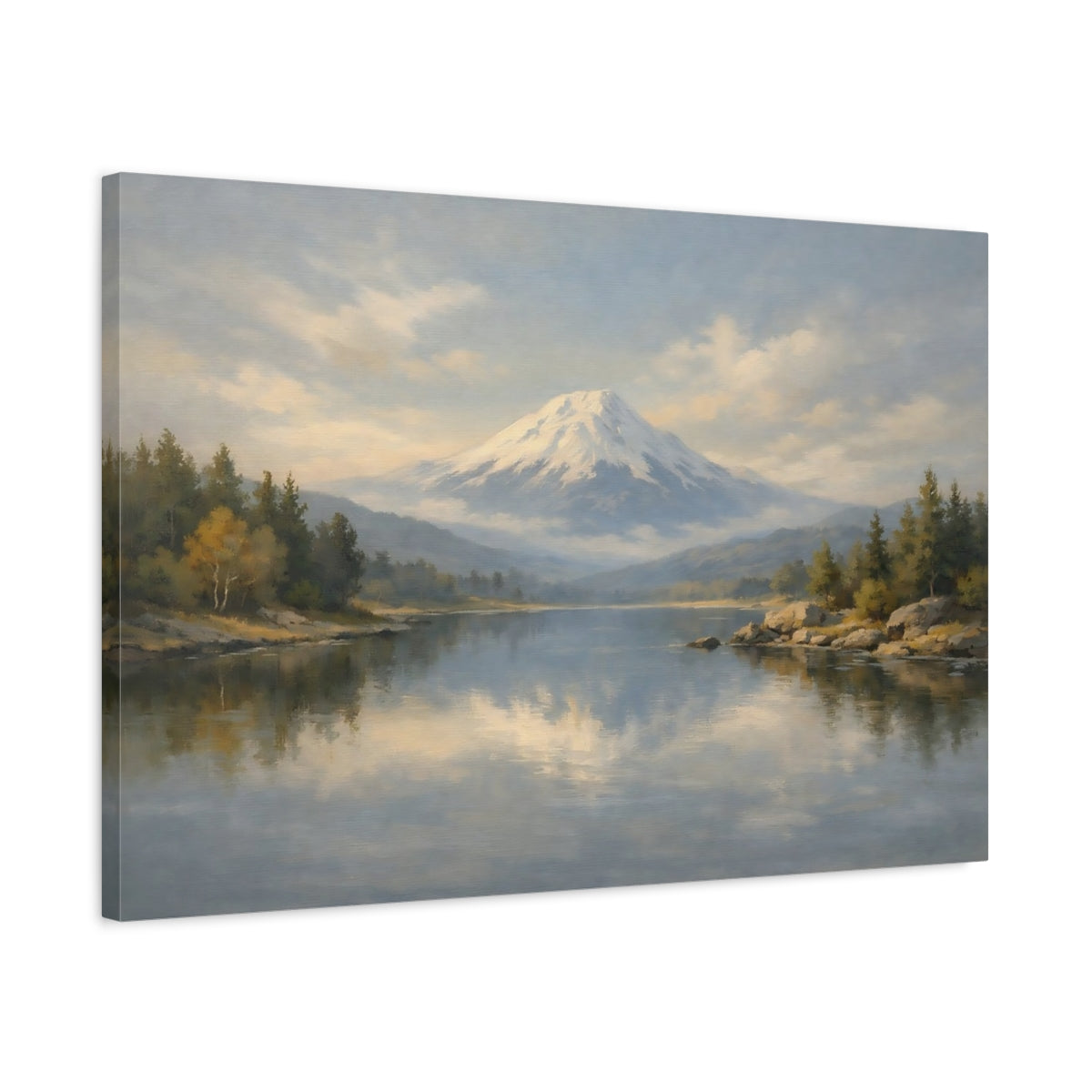 Side Mockup 2. Nature Snowy Mountain Snowy Mountain Lake shown as stretched canvas wall art
