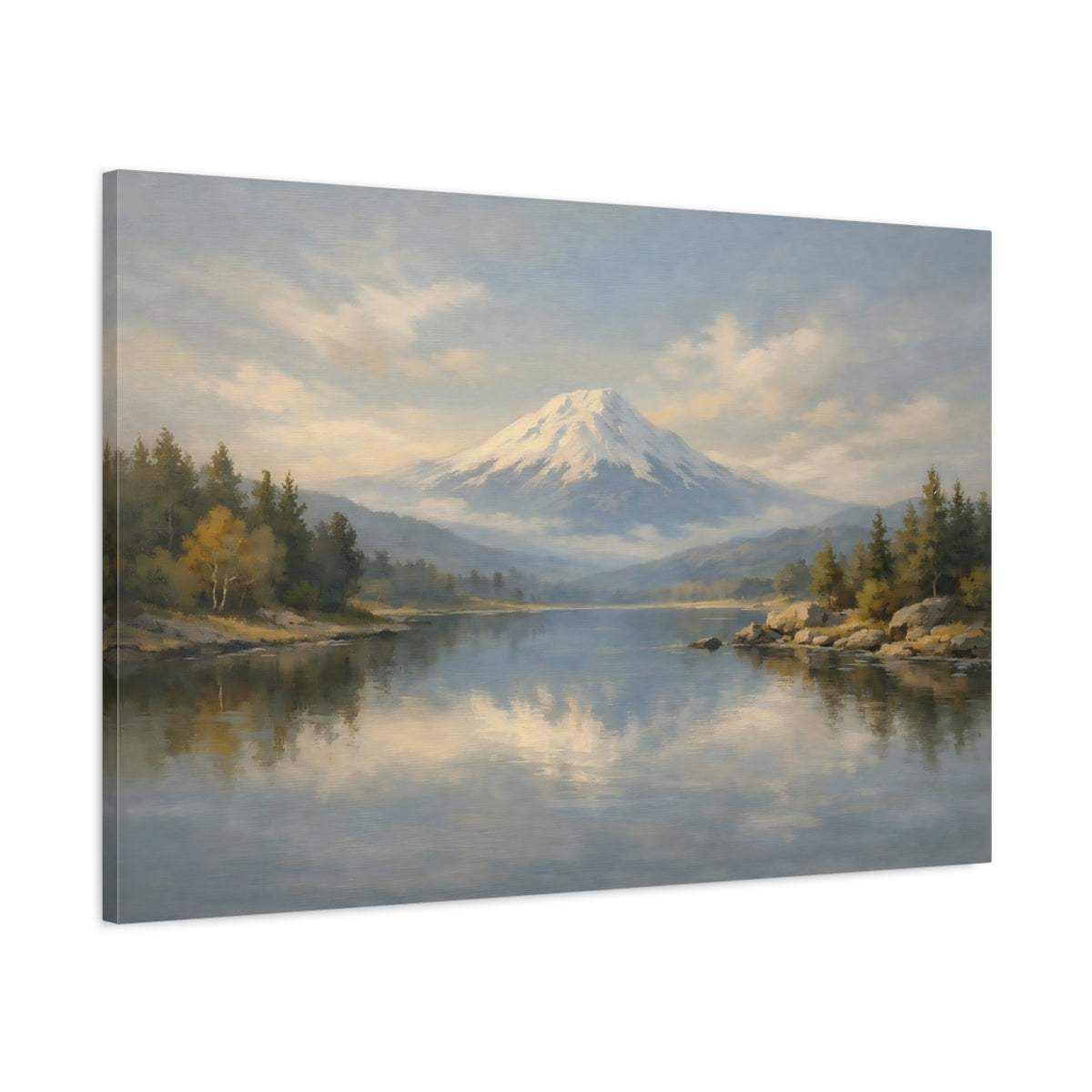Side Mockup 1. Nature Snowy Mountain Snowy Mountain Lake shown as stretched canvas wall art