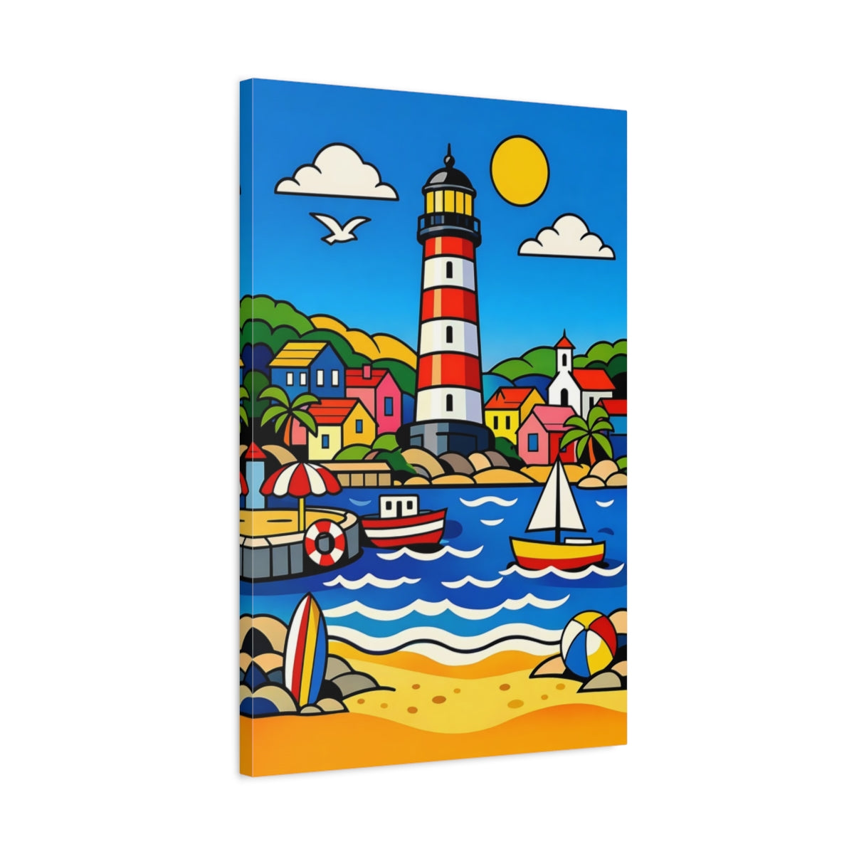 Side Mockup 2. Nature Lighthouse Colorful Coastal shown as stretched canvas wall art