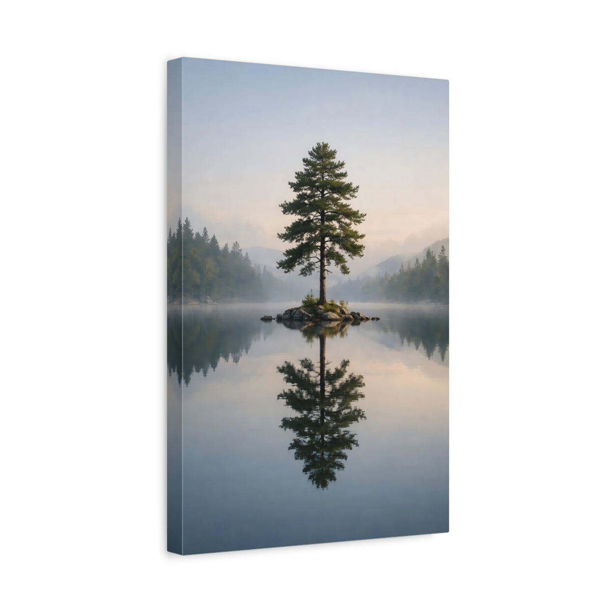 Side Mockup 4. Nature Lone Tree Misty Lake Tree shown as stretched canvas wall art