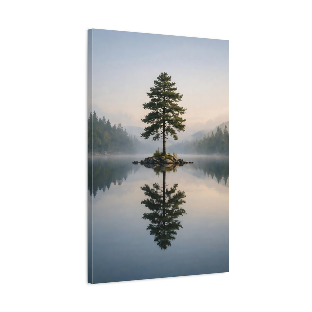 Side Mockup 2. Nature Lone Tree Misty Lake Tree shown as stretched canvas wall art