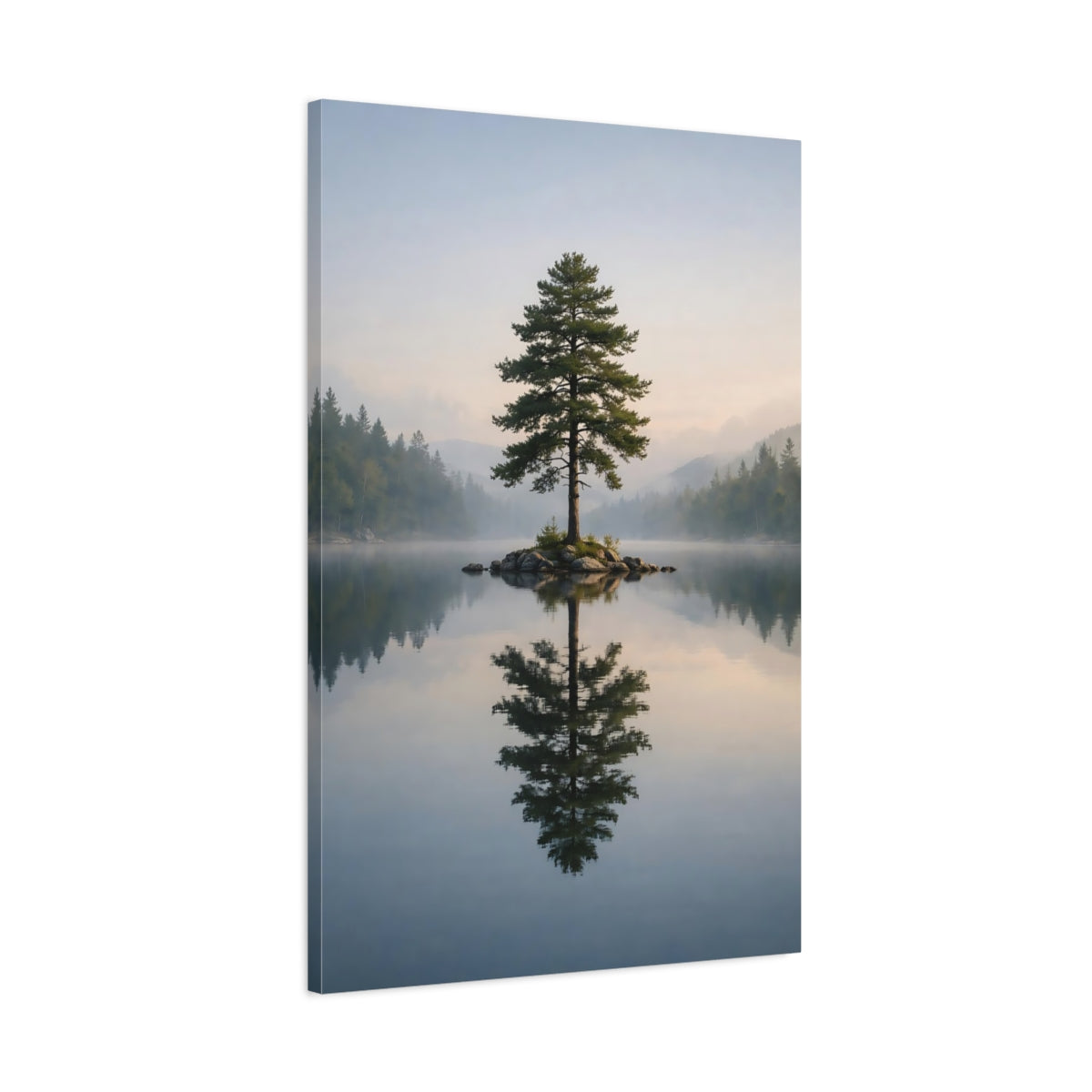 Side Mockup 1. Nature Lone Tree Misty Lake Tree shown as stretched canvas wall art