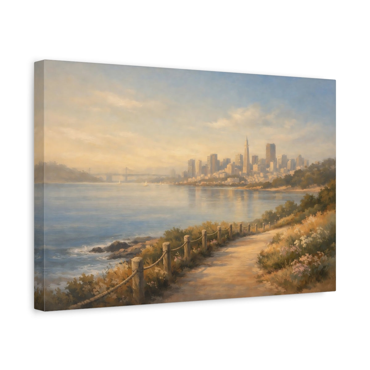 Side Mockup 4. Cityscape Coastal Path Morning Walk View shown as stretched canvas wall art