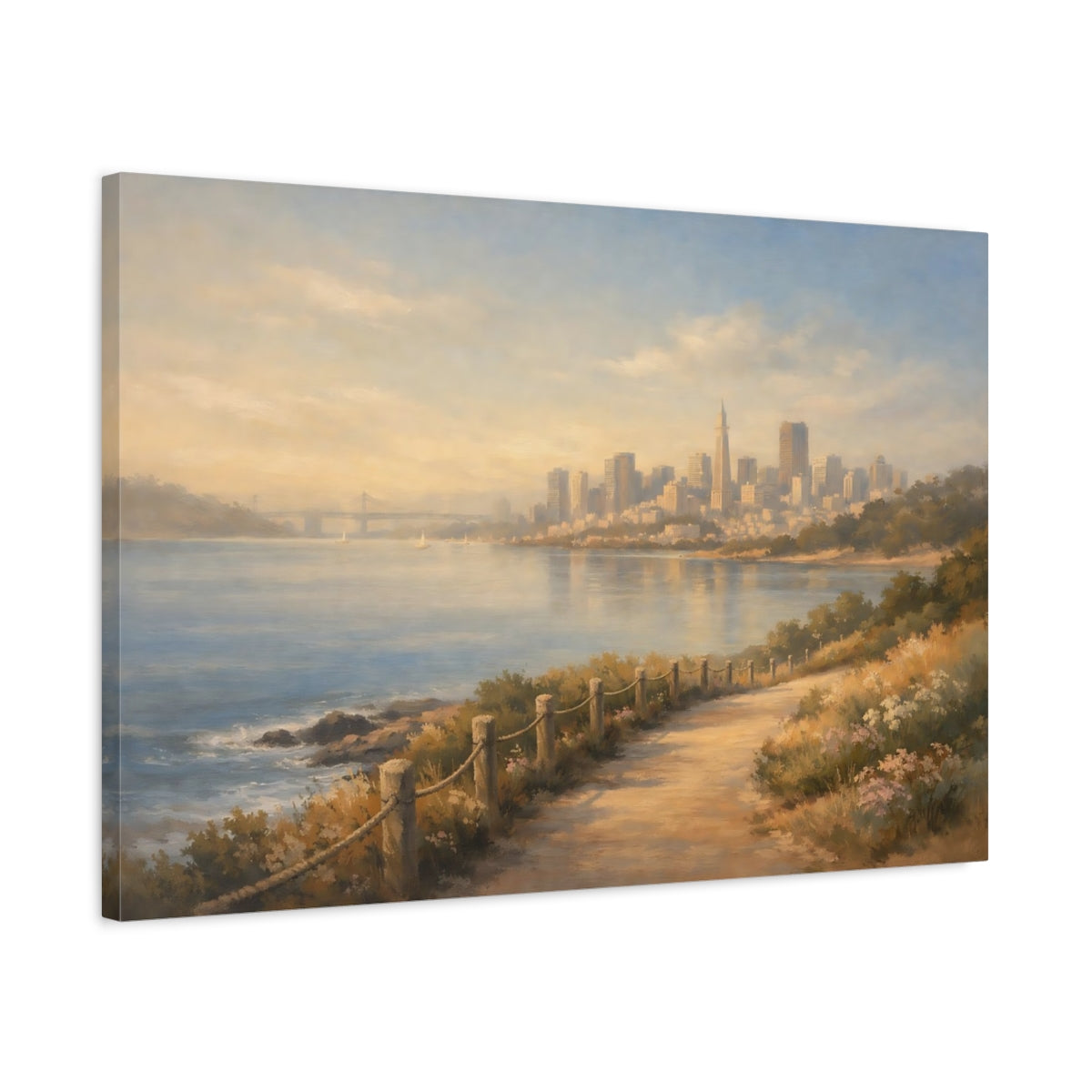 Side Mockup 2. Cityscape Coastal Path Morning Walk View shown as stretched canvas wall art