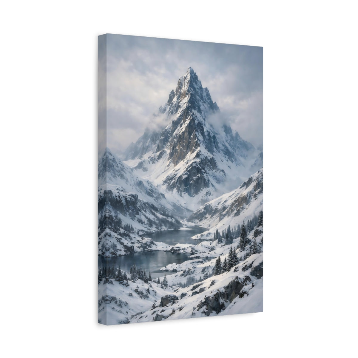 Side Mockup 4. Nature Snowy Mountain Winter Mountain Lake shown as stretched canvas wall art