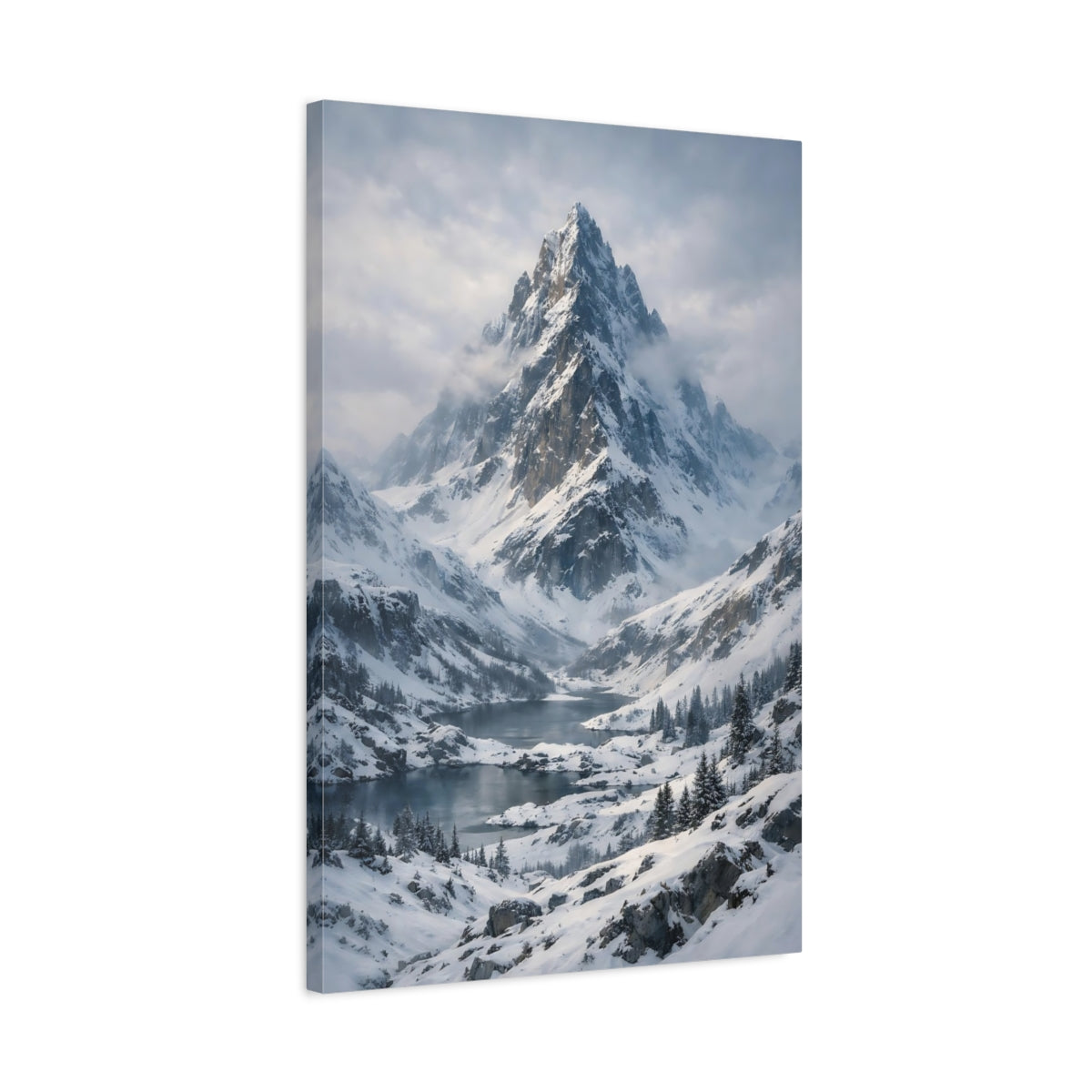 Side Mockup 2. Nature Snowy Mountain Winter Mountain Lake shown as stretched canvas wall art