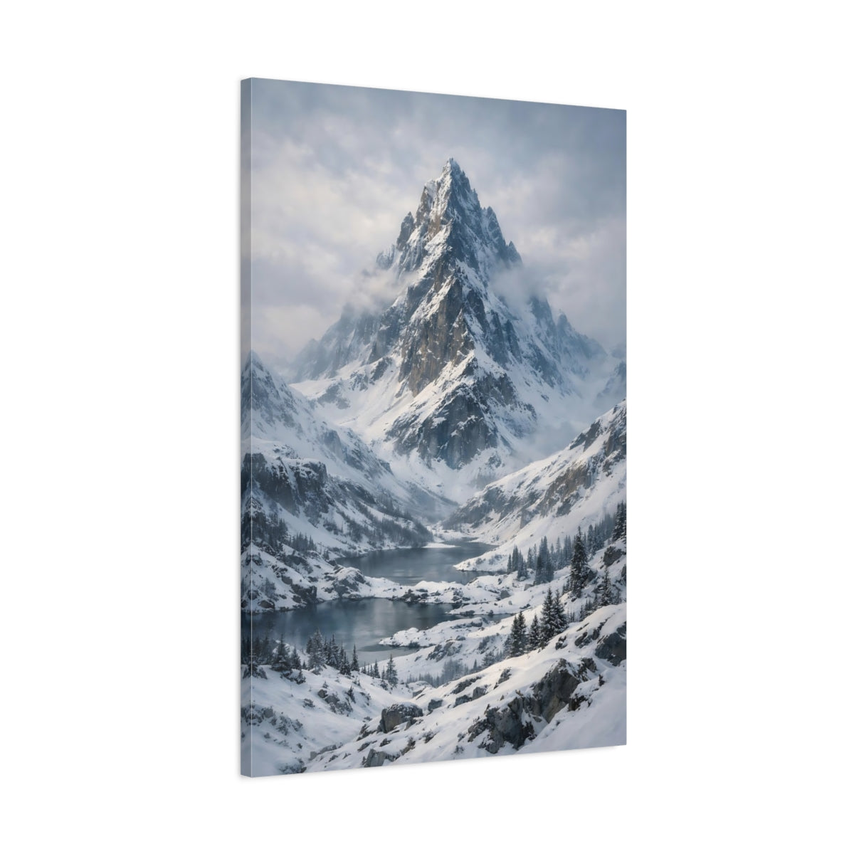 Side Mockup 1. Nature Snowy Mountain Winter Mountain Lake shown as stretched canvas wall art