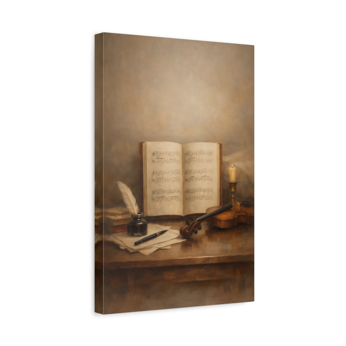 Side Mockup 4. Vintage Musical Still Life Brown Vintage Music shown as stretched canvas wall art
