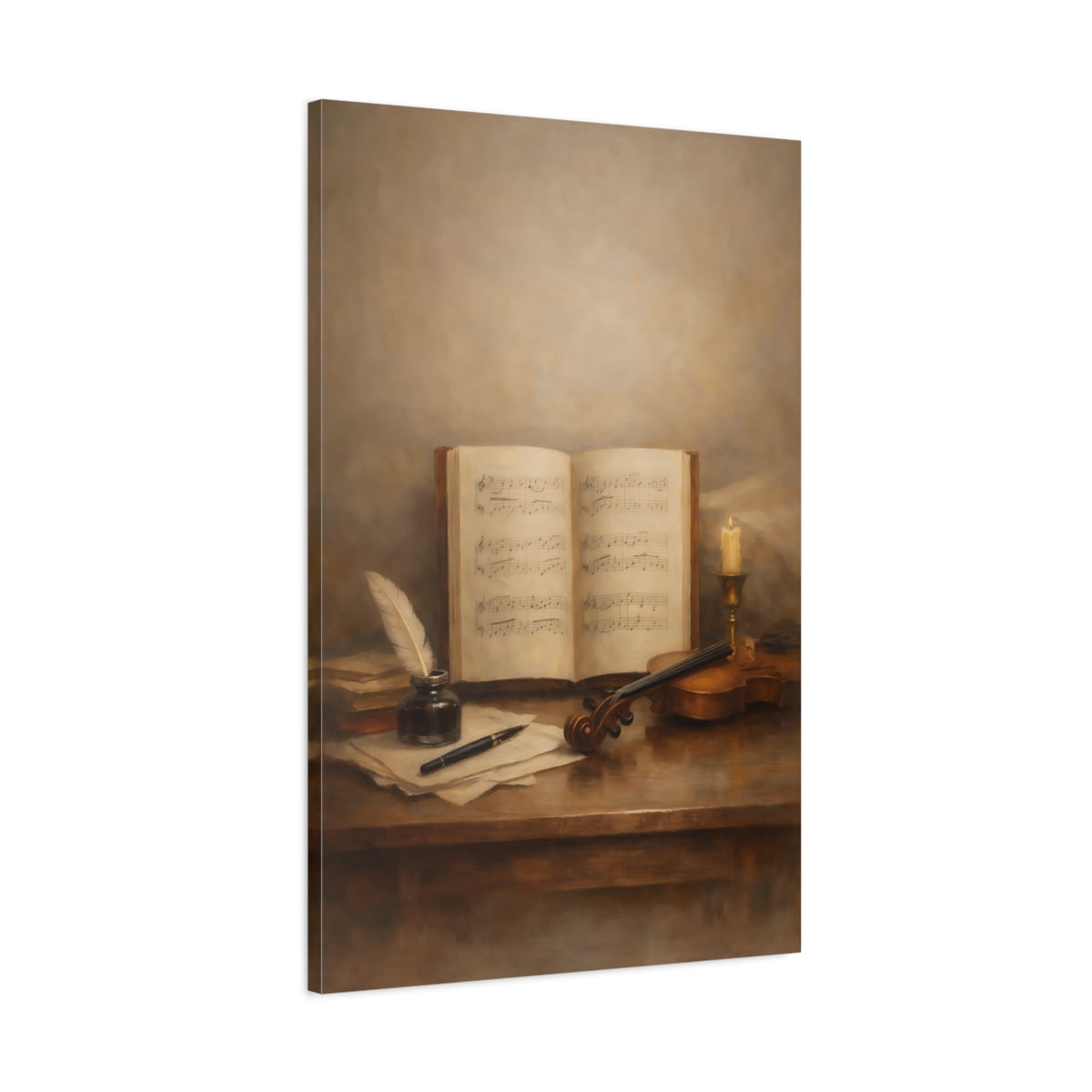 Side Mockup 1. Vintage Musical Still Life Brown Vintage Music shown as stretched canvas wall art