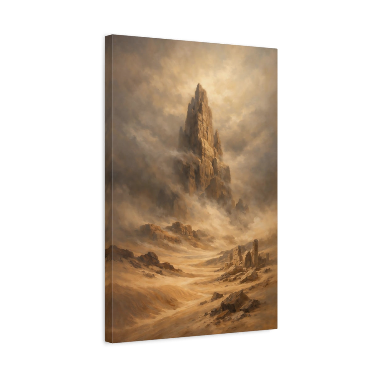 Side Mockup 3. Nature Rock Formation Brown And Gold shown as stretched canvas wall art