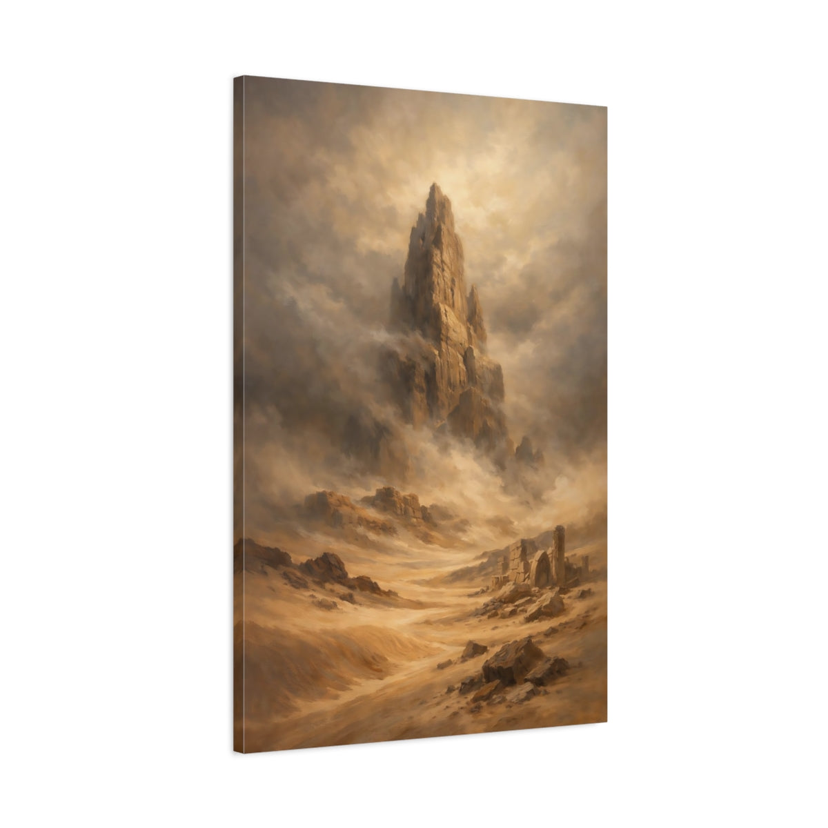 Side Mockup 1. Nature Rock Formation Brown And Gold shown as stretched canvas wall art