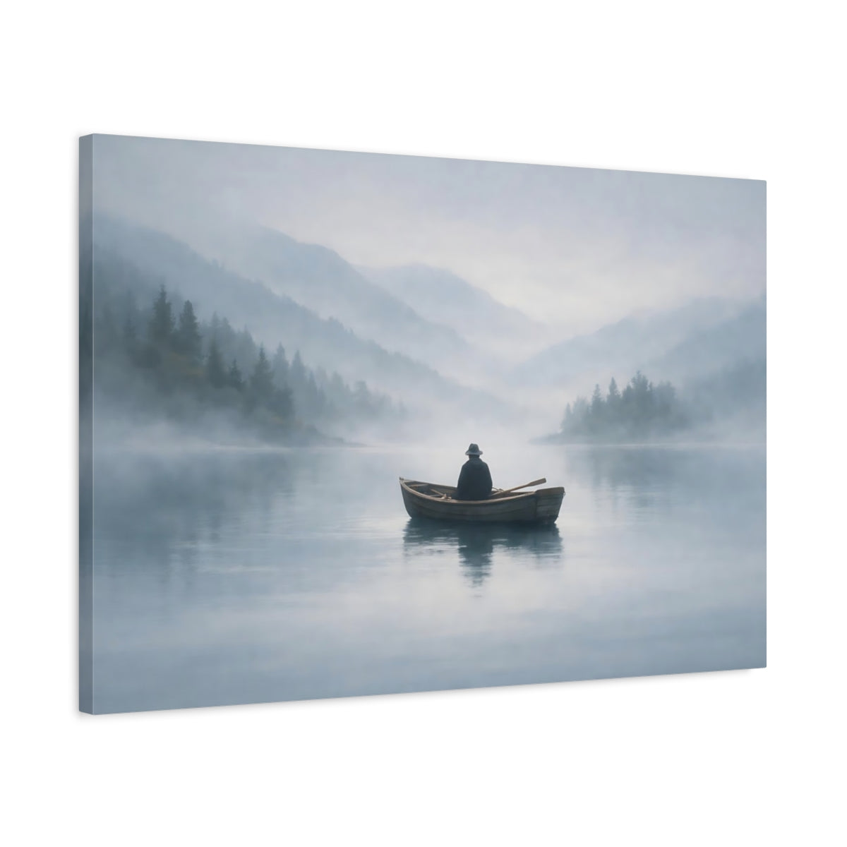 Mist Depth Lonely Boat Man In Nature - Canvas Wall Art Print