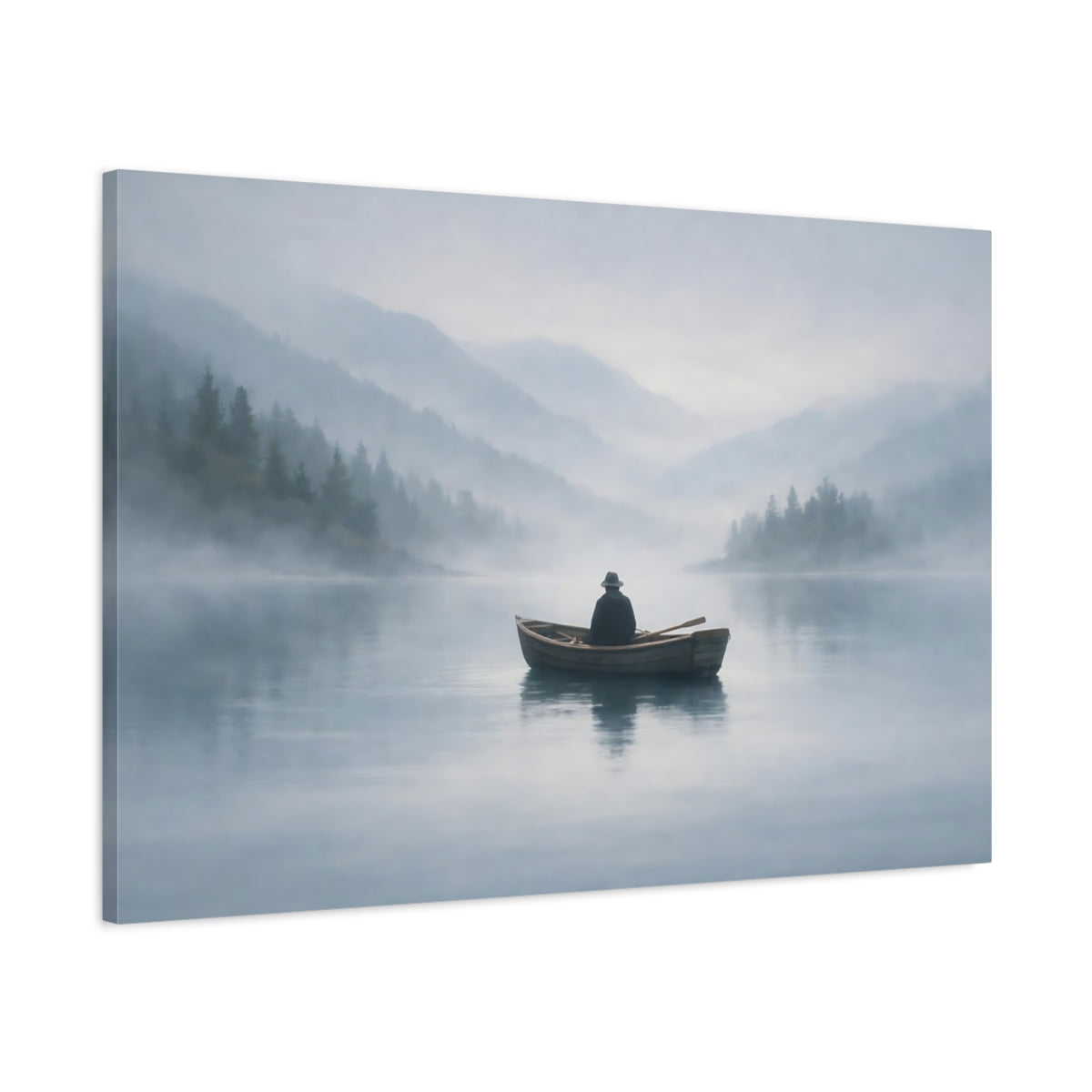 Mist Depth Lonely Boat Man In Nature - Canvas Wall Art Print