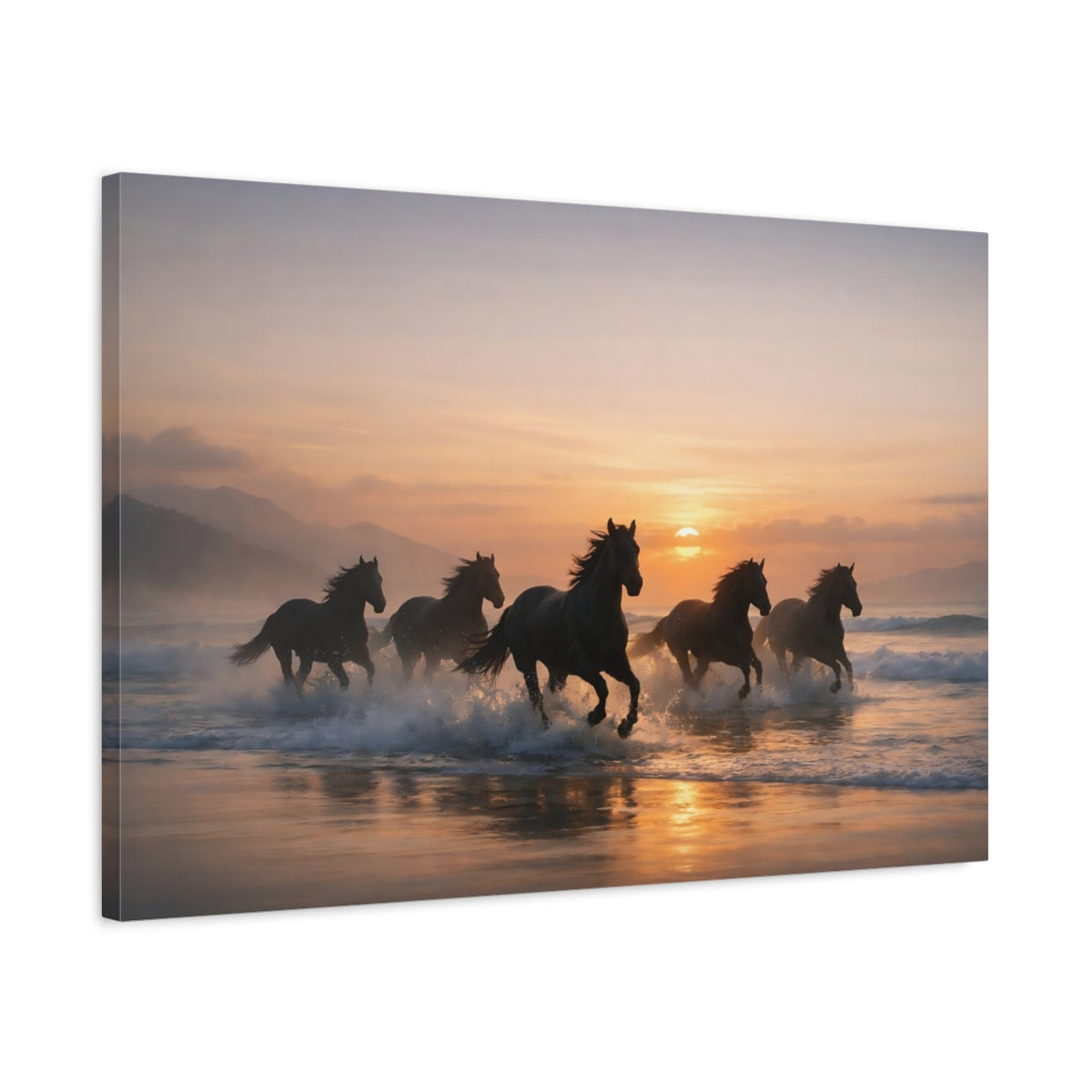 Seascape Running Horses Wild Nature - Canvas Wall Art Print