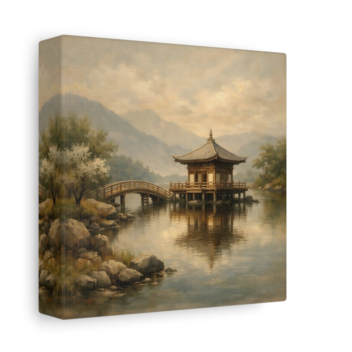Side Mockup 1. Nature Pagoda Misty Asian Landscape shown as stretched canvas wall art