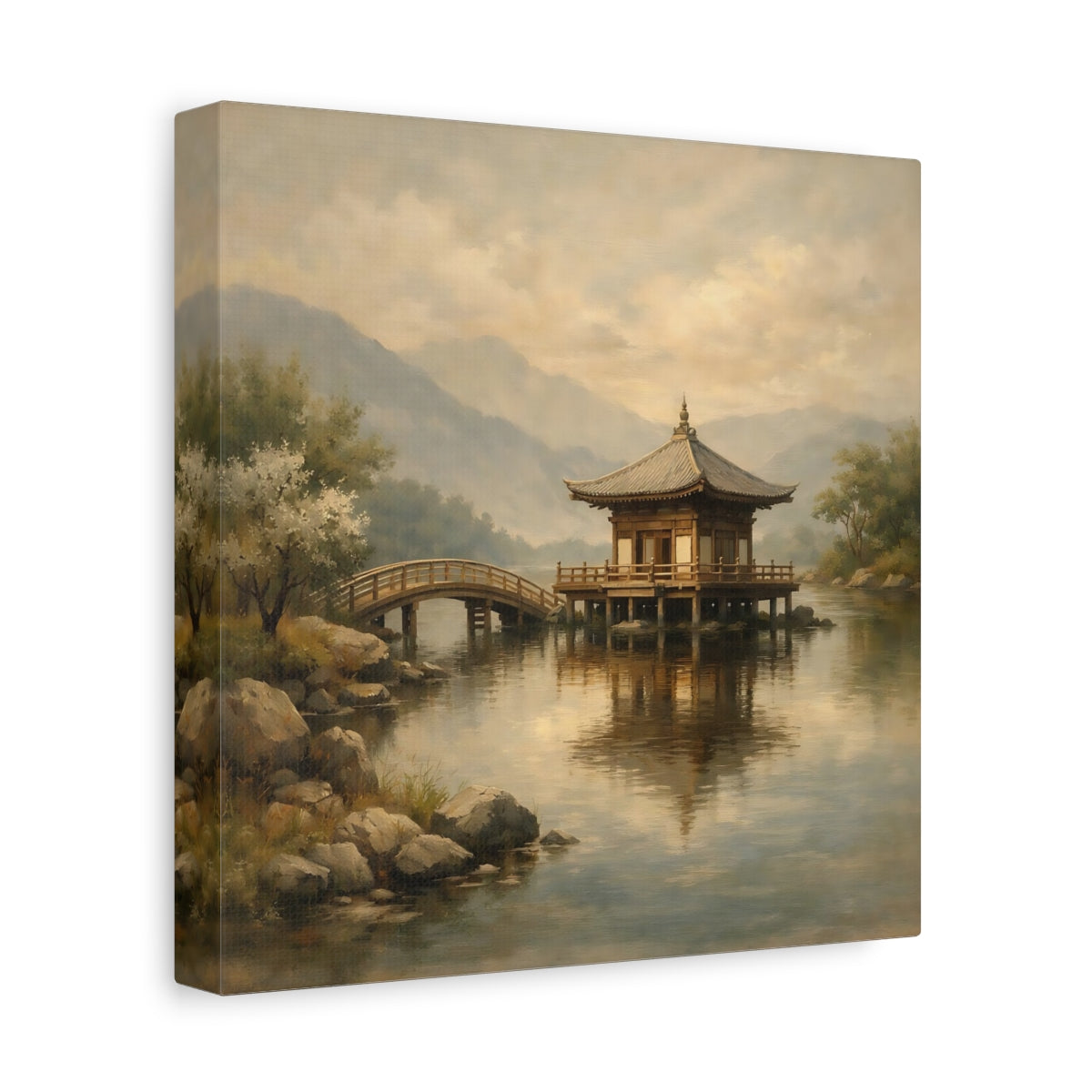 Side Mockup 9. Nature Pagoda Misty Asian Landscape shown as stretched canvas wall art