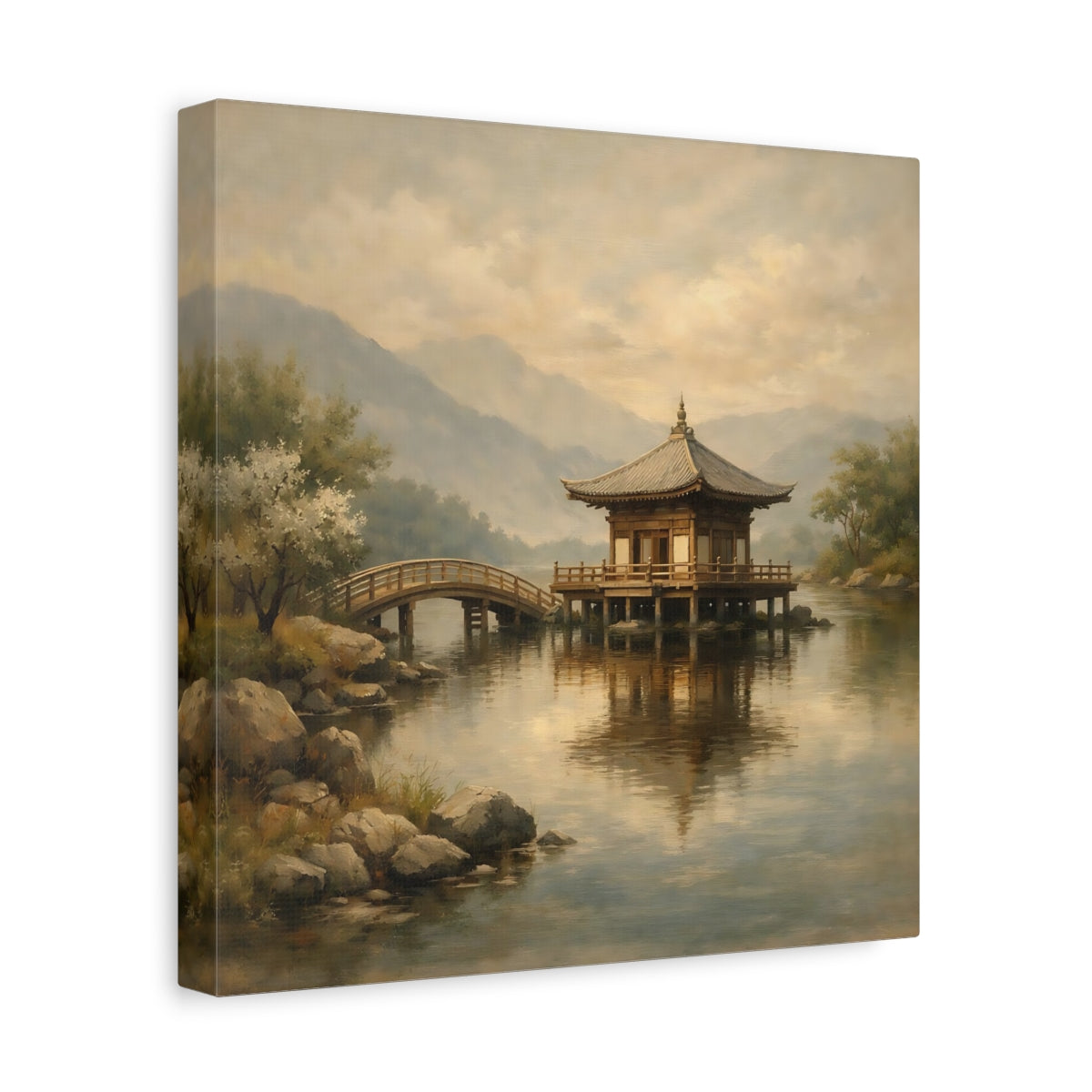 Side Mockup 8. Nature Pagoda Misty Asian Landscape shown as stretched canvas wall art
