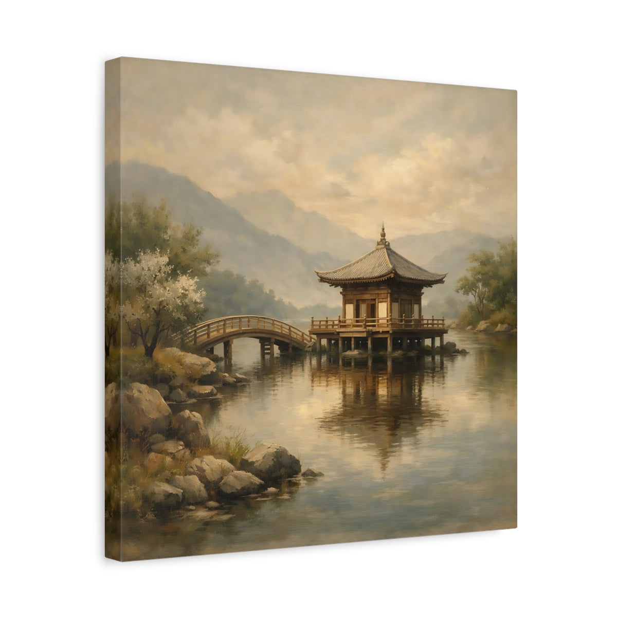 Side Mockup 6. Nature Pagoda Misty Asian Landscape shown as stretched canvas wall art