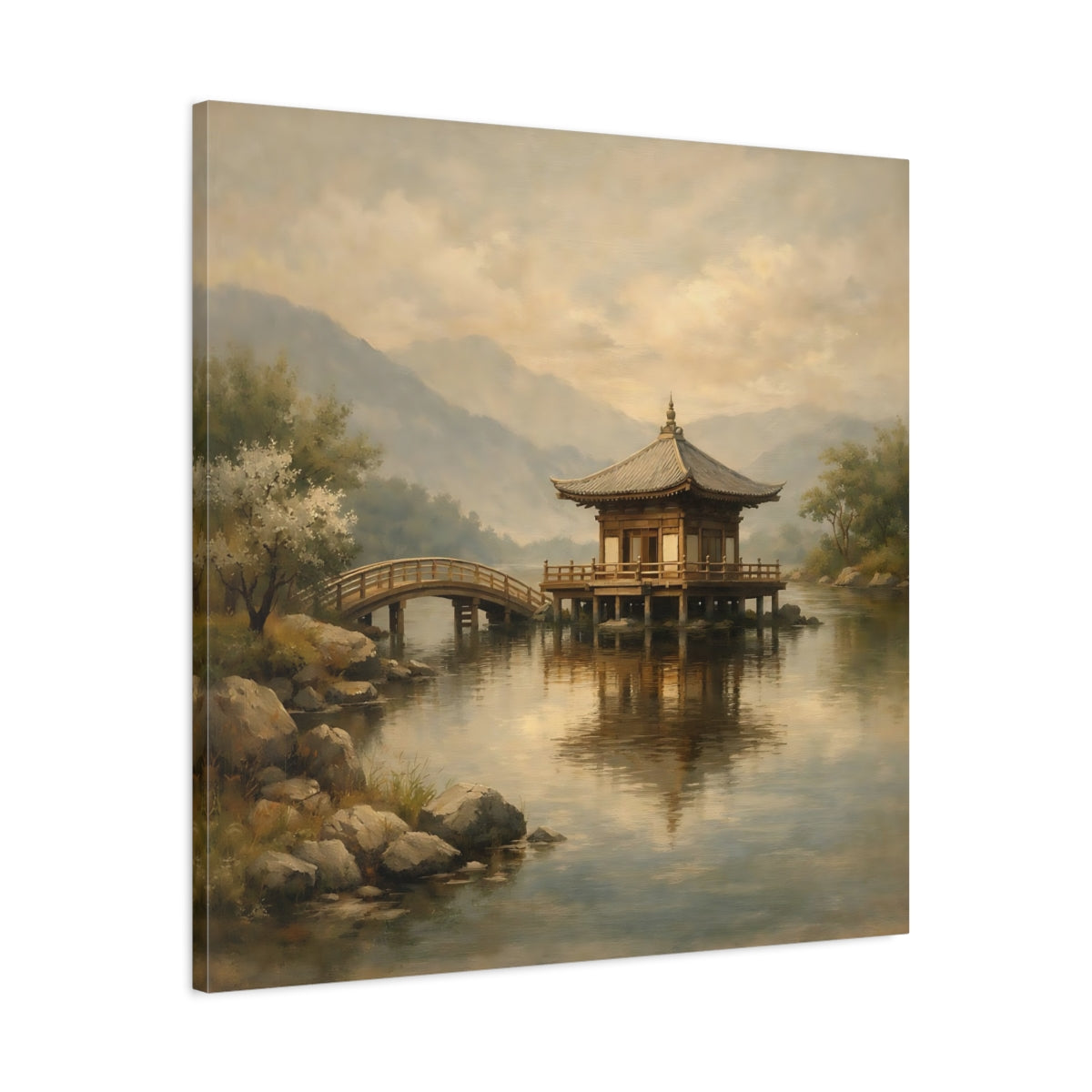 Side Mockup 3. Nature Pagoda Misty Asian Landscape shown as stretched canvas wall art