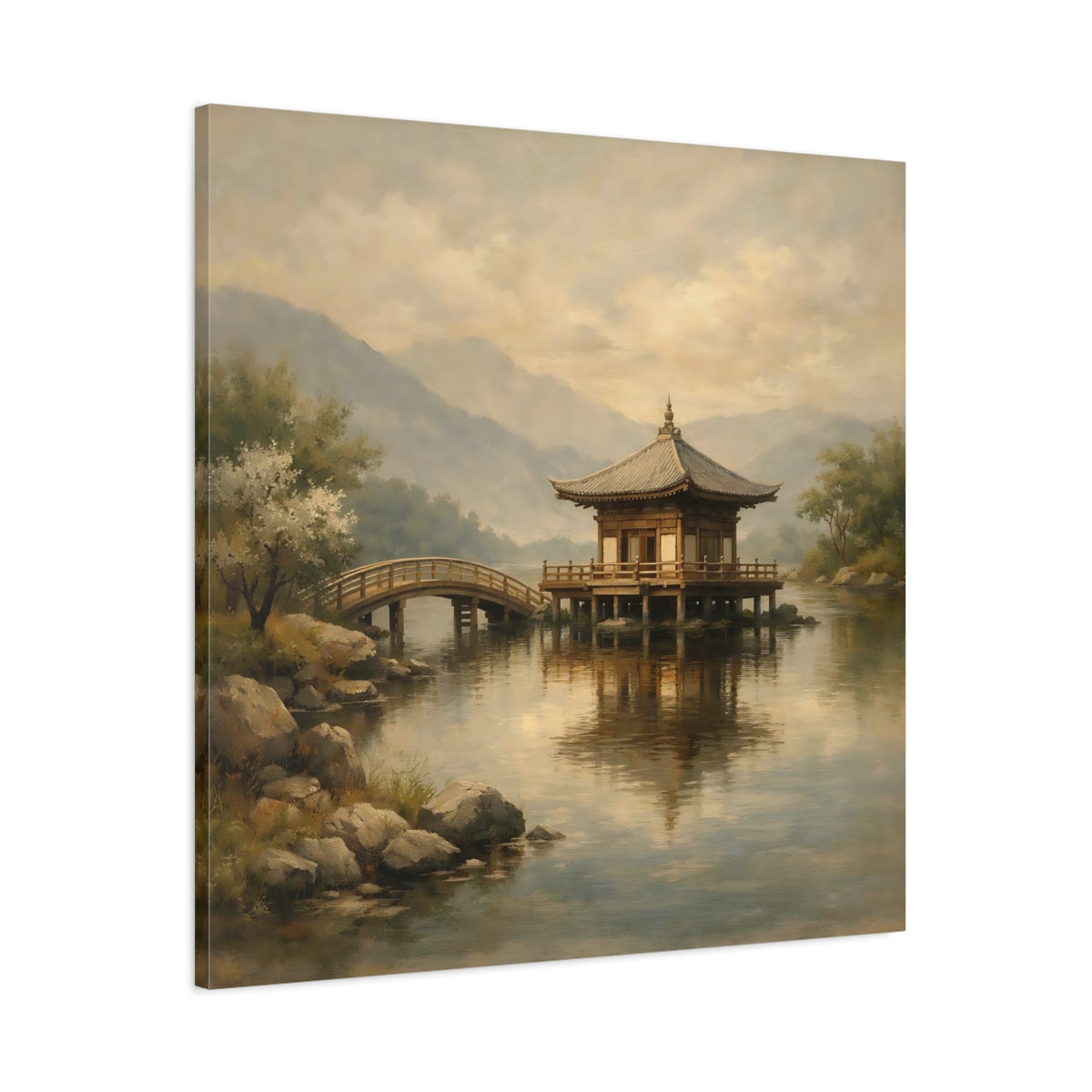 Side Mockup 2. Nature Pagoda Misty Asian Landscape shown as stretched canvas wall art