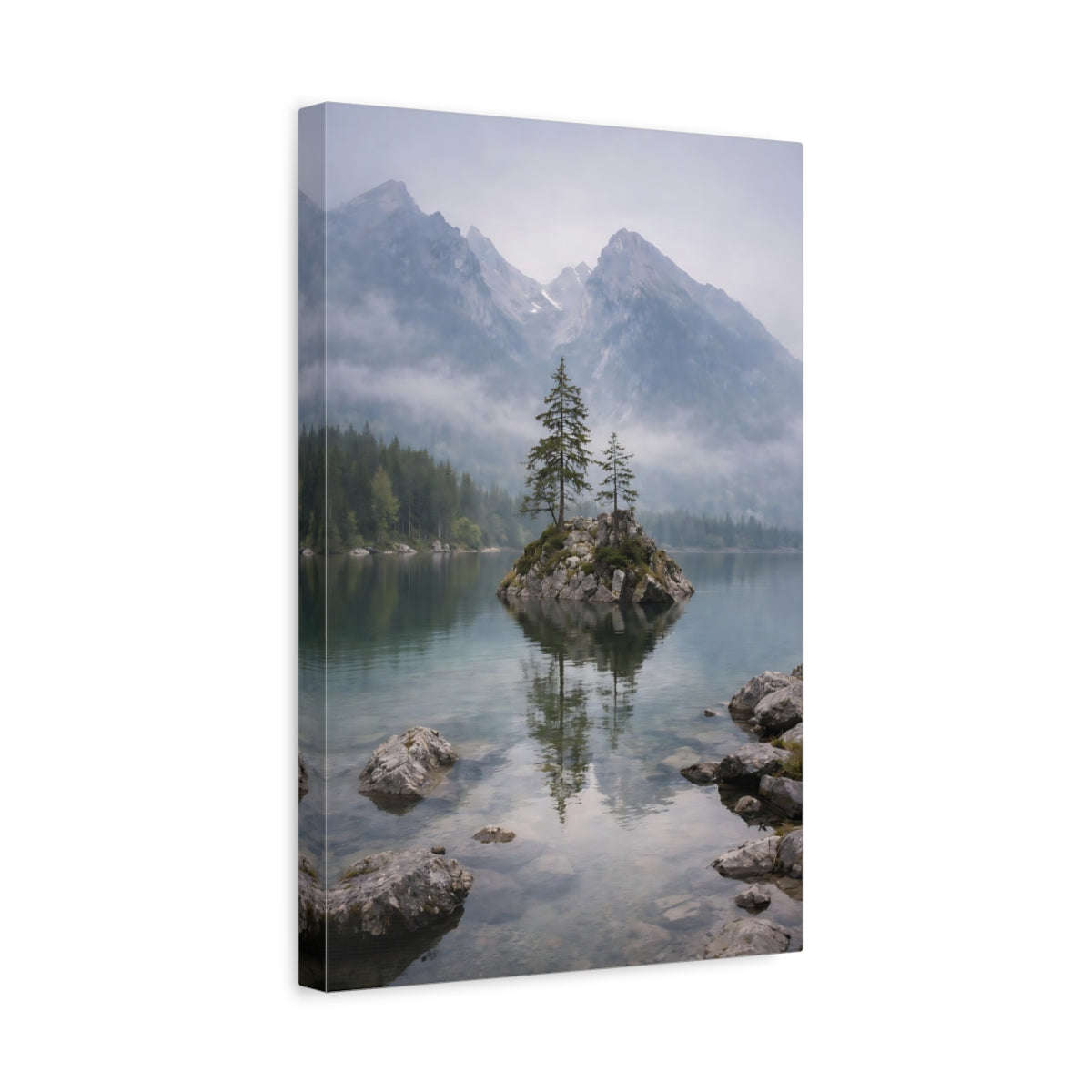 Side Mockup 4. Nature Lake Island Misty Mountain Lake shown as stretched canvas wall art