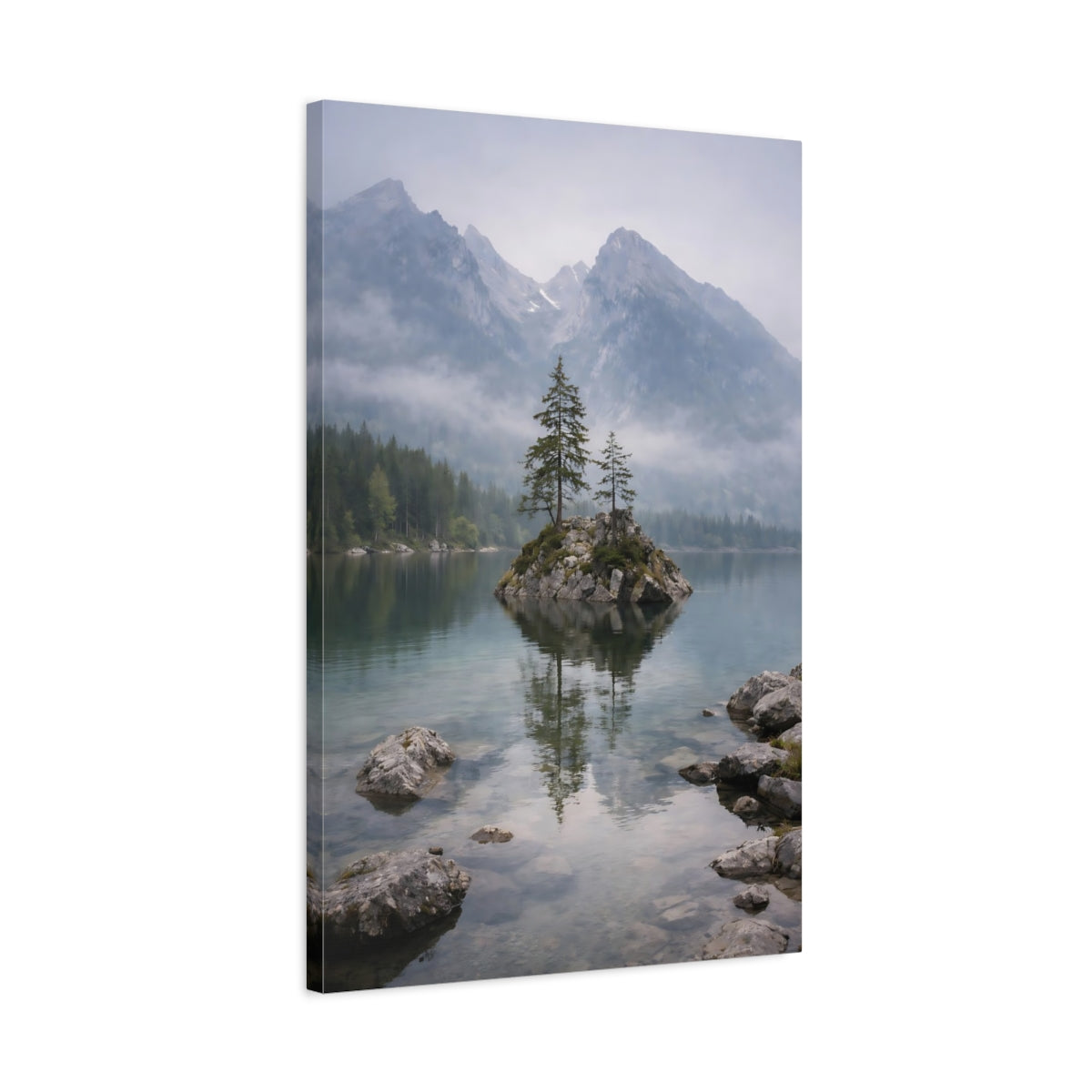 Side Mockup 2. Nature Lake Island Misty Mountain Lake shown as stretched canvas wall art