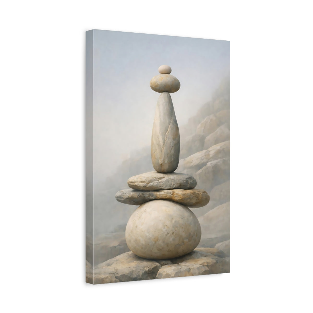Side Mockup 4. Nature Stacked Stones Neutral Stones shown as stretched canvas wall art