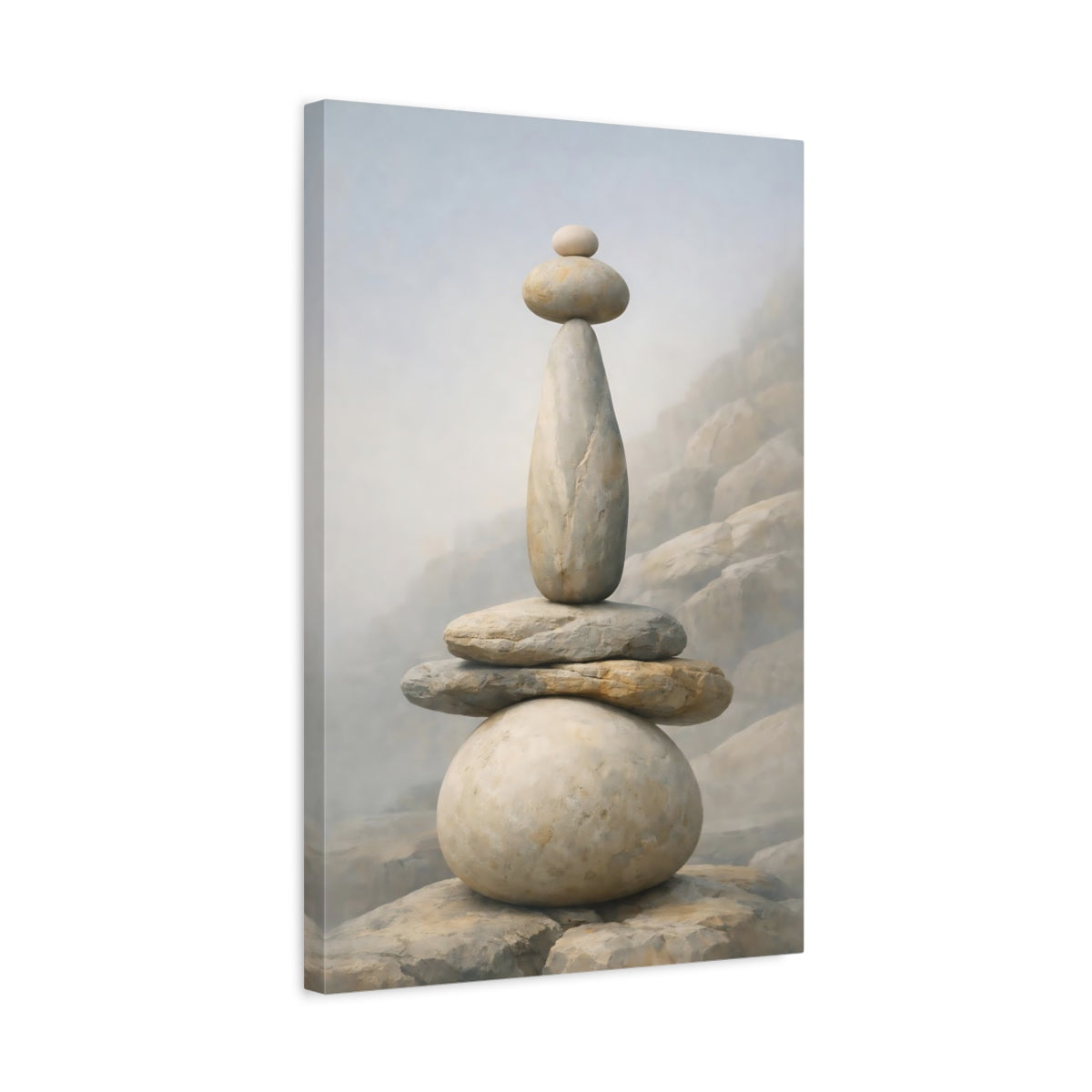 Side Mockup 3. Nature Stacked Stones Neutral Stones shown as stretched canvas wall art