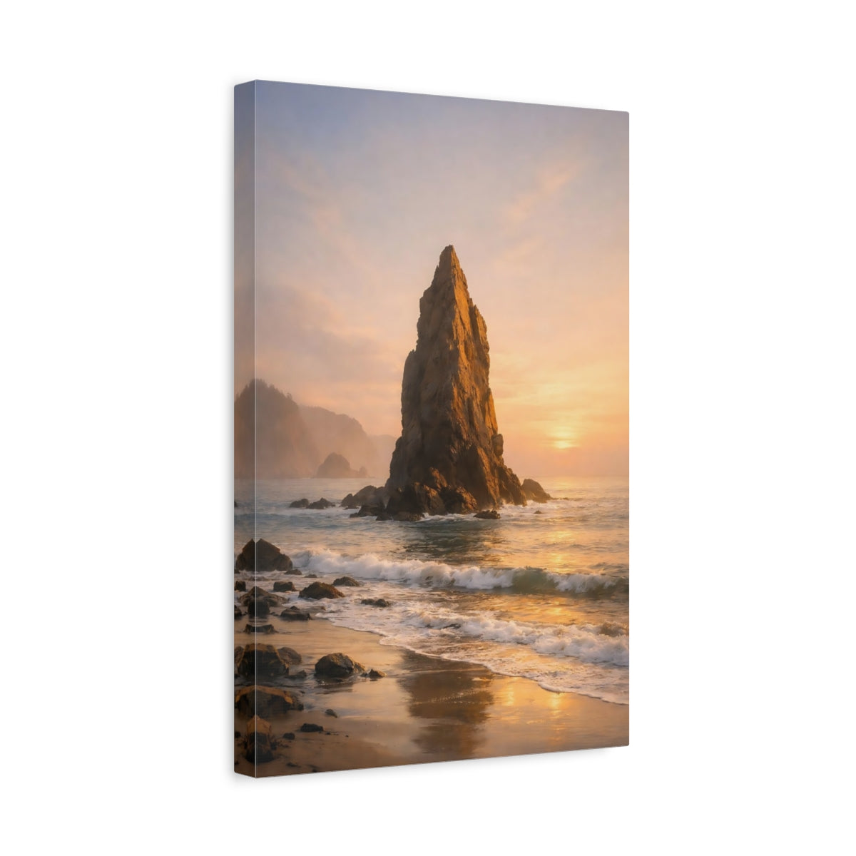 Side Mockup 4. Nature Sea Stack Golden Coastal Landscape shown as stretched canvas wall art