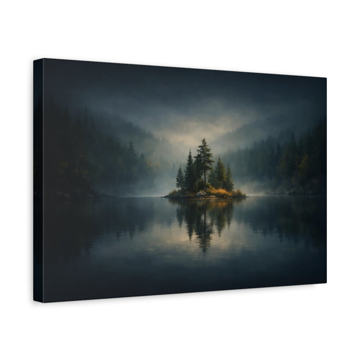 Dark Dramatic Forest Lake Pine Island Nature - Canvas Wall Art Print