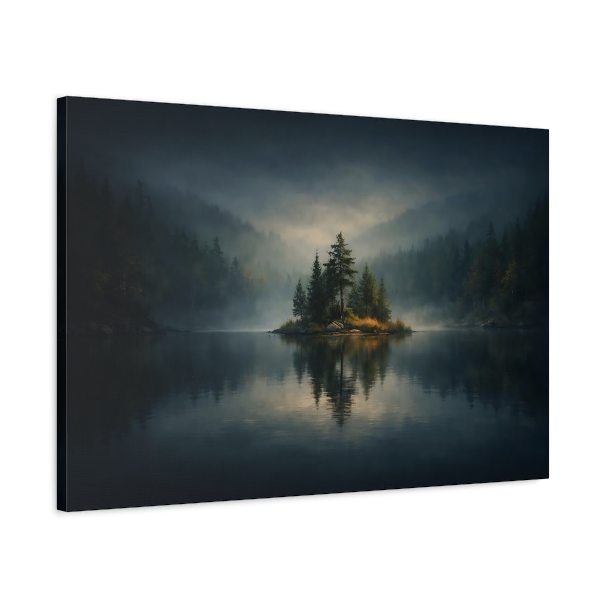 Dark Dramatic Forest Lake Pine Island Nature - Canvas Wall Art Print