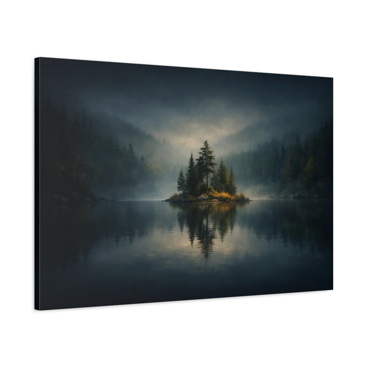 Dark Dramatic Forest Lake Pine Island Nature - Canvas Wall Art Print