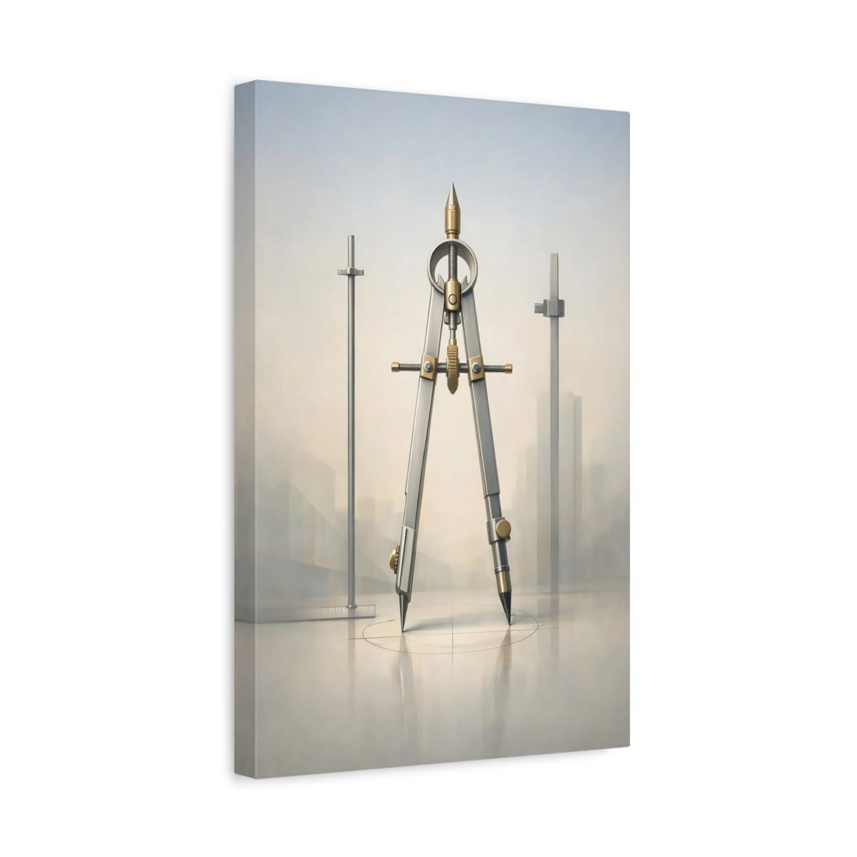 Side Mockup 4. Vintage Drafting Compass Silver Gold Compass shown as stretched canvas wall art