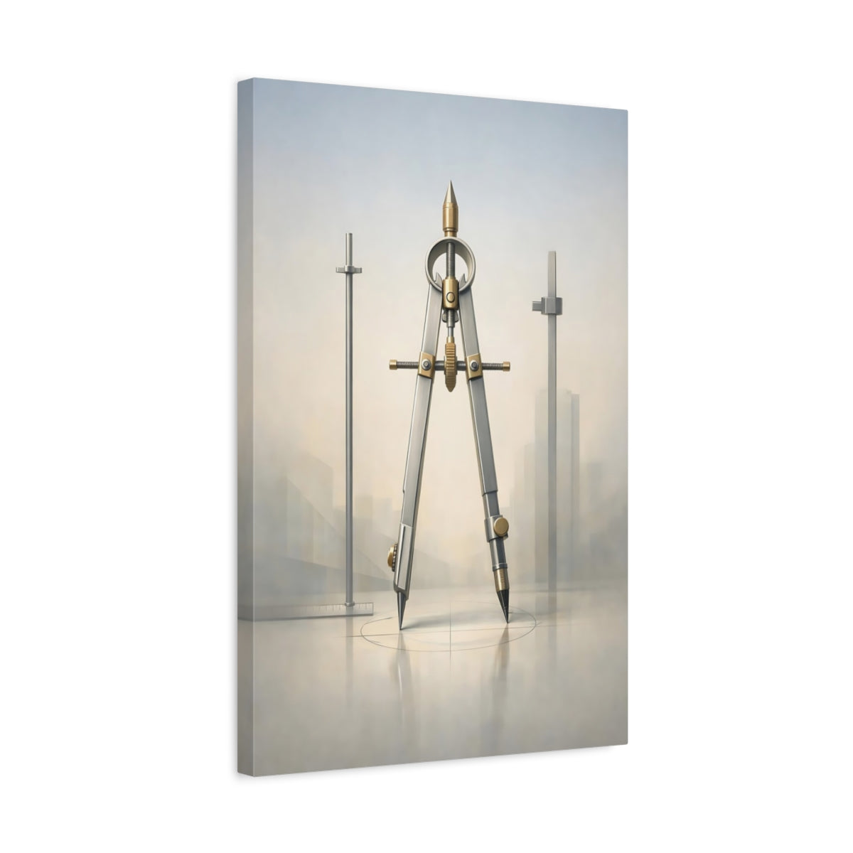 Side Mockup 3. Vintage Drafting Compass Silver Gold Compass shown as stretched canvas wall art